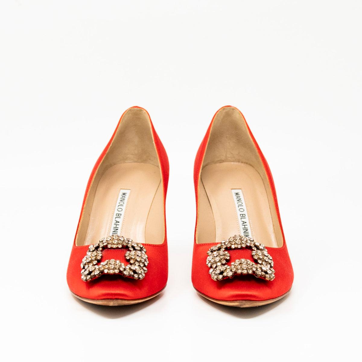 Manolo Blahnik Red Satin Hangisi Pumps 37