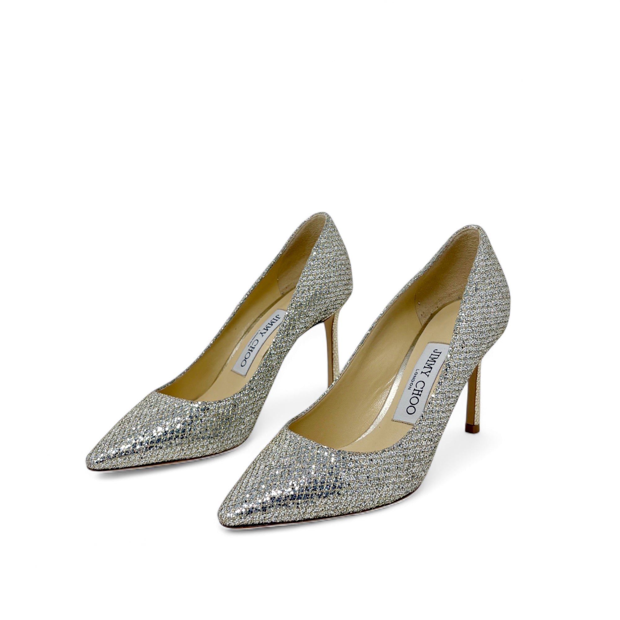 Jimmy Choo Champagne Glitter Romy Pumps 34.5