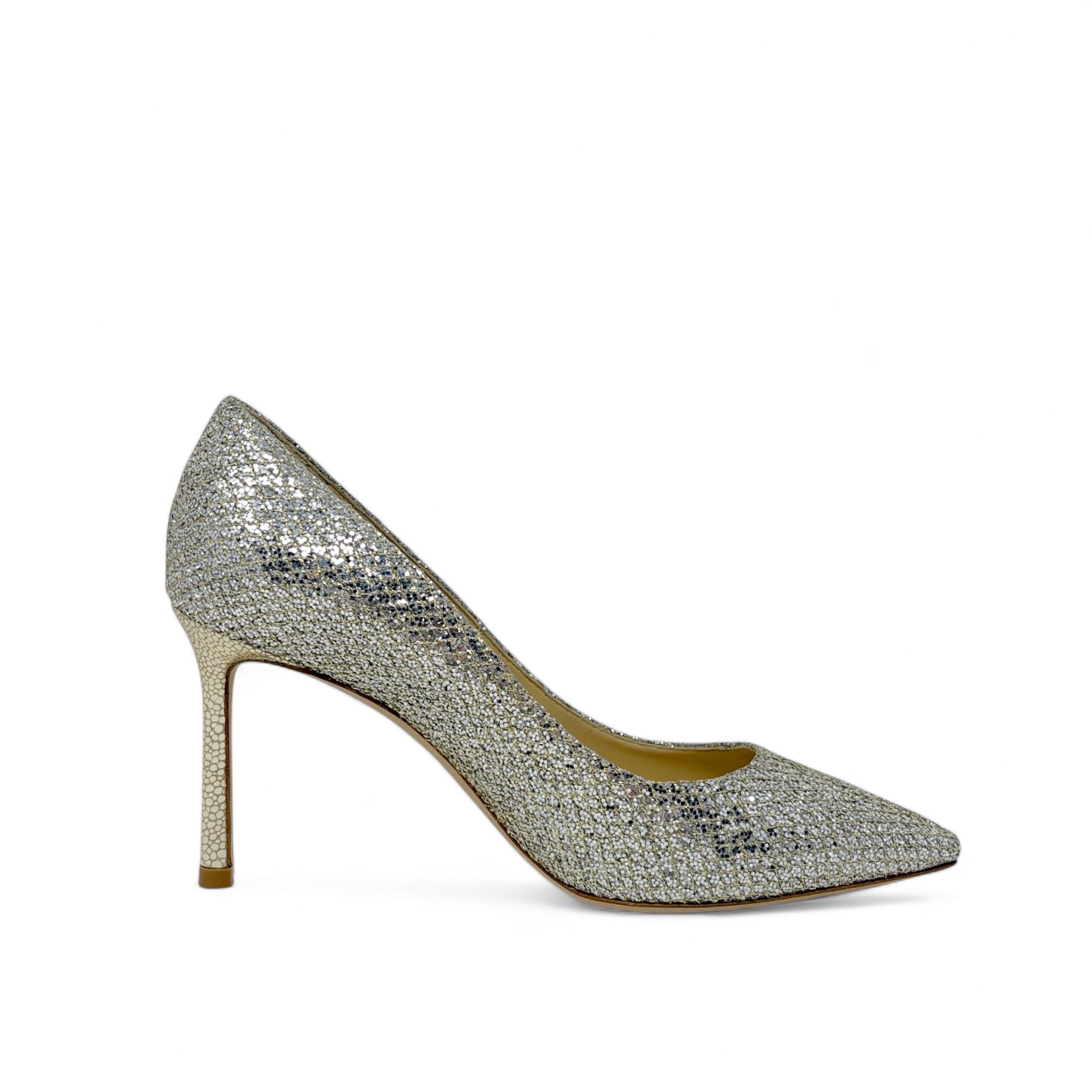 Jimmy Choo Champagne Glitter Romy Pumps 34.5