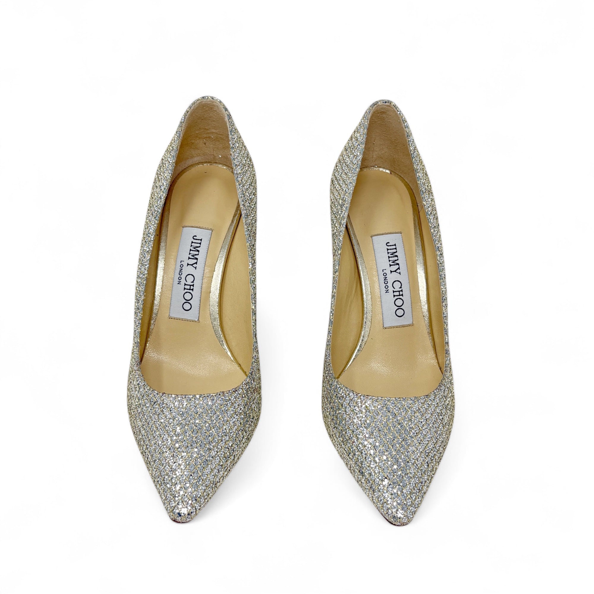 Jimmy Choo Champagne Glitter Romy Pumps 34.5