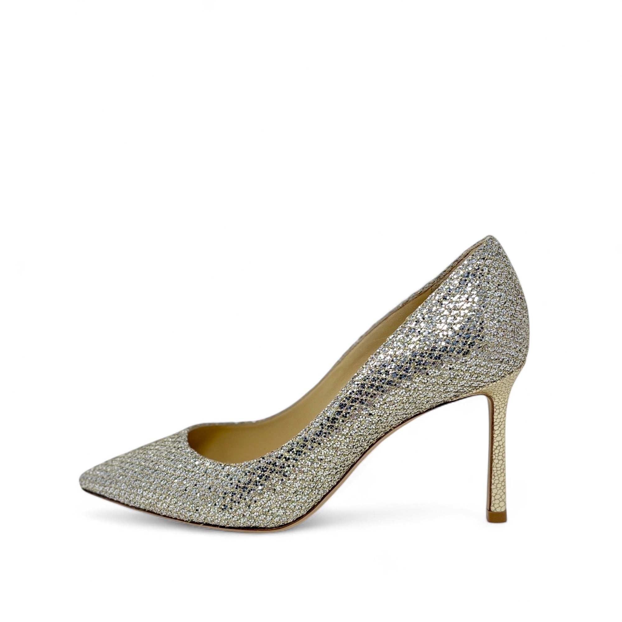 Jimmy Choo Champagne Glitter Romy Pumps 34.5