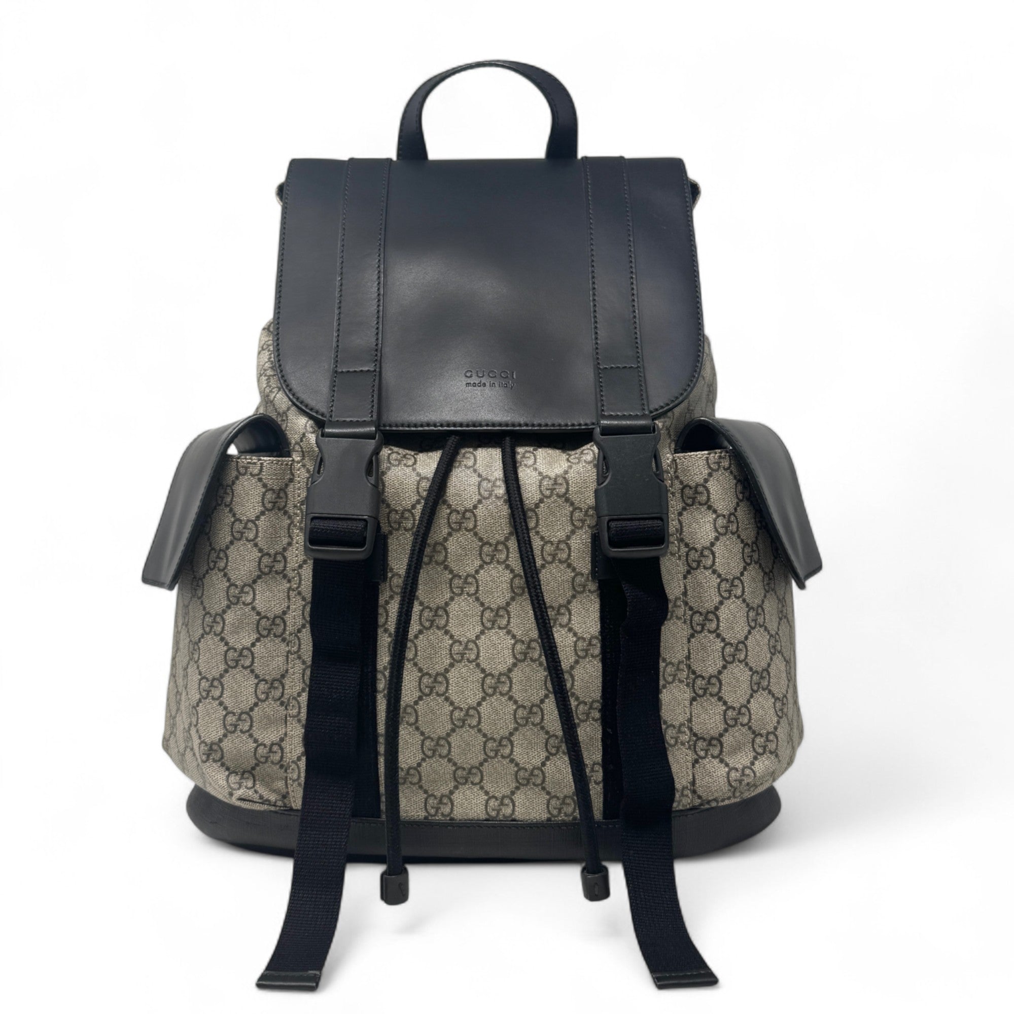 Gucci Brown GG Supreme Double Buckle Backpack
