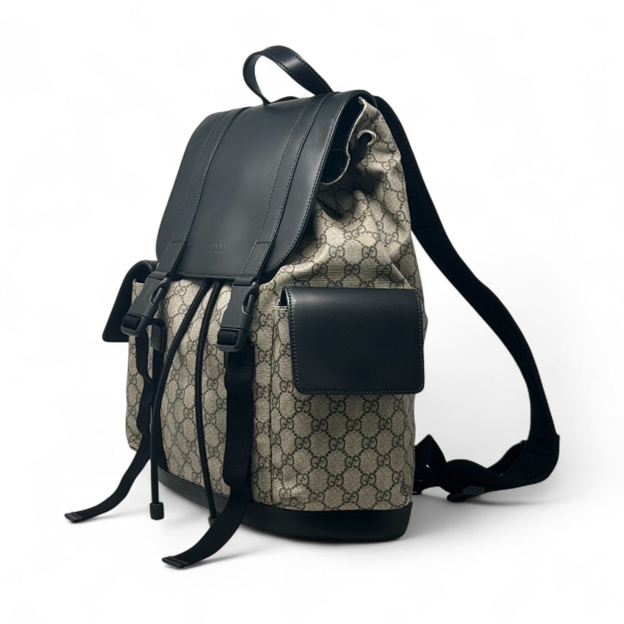 Gucci Brown GG Supreme Double Buckle Backpack
