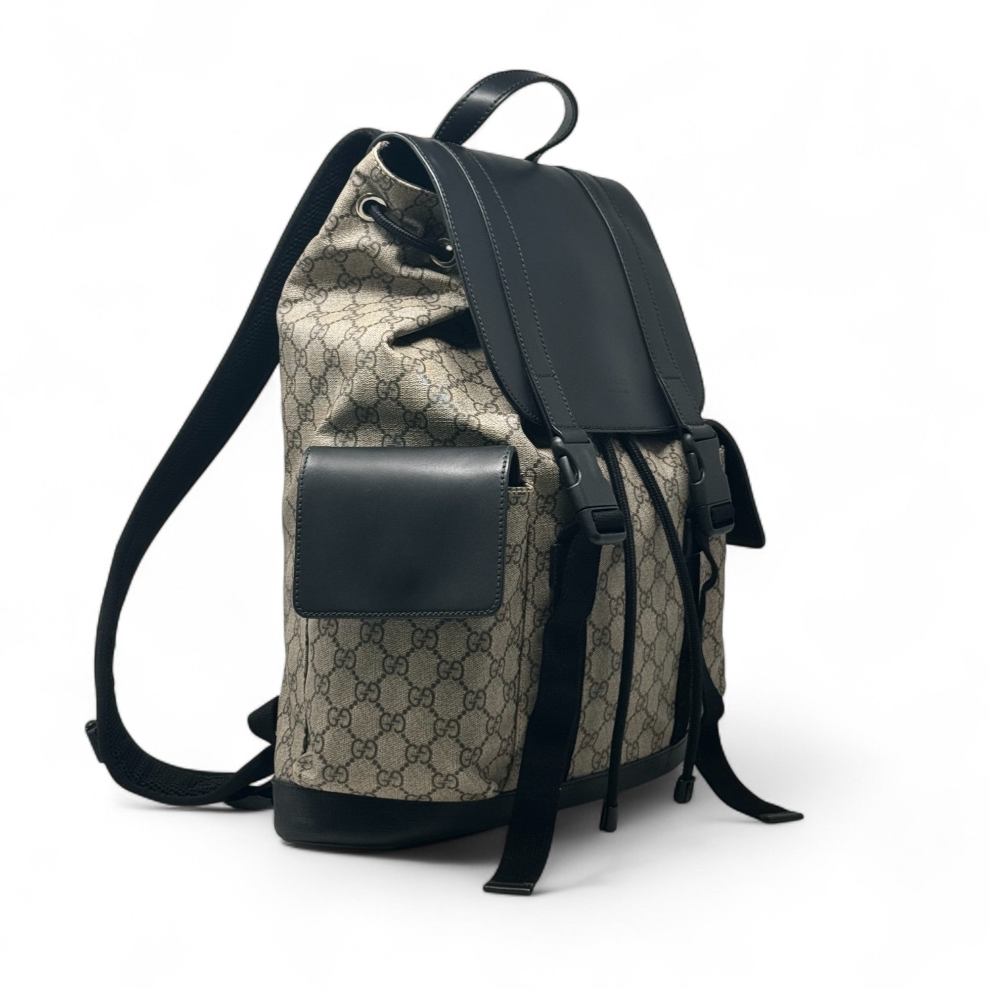 Gucci Brown GG Supreme Double Buckle Backpack
