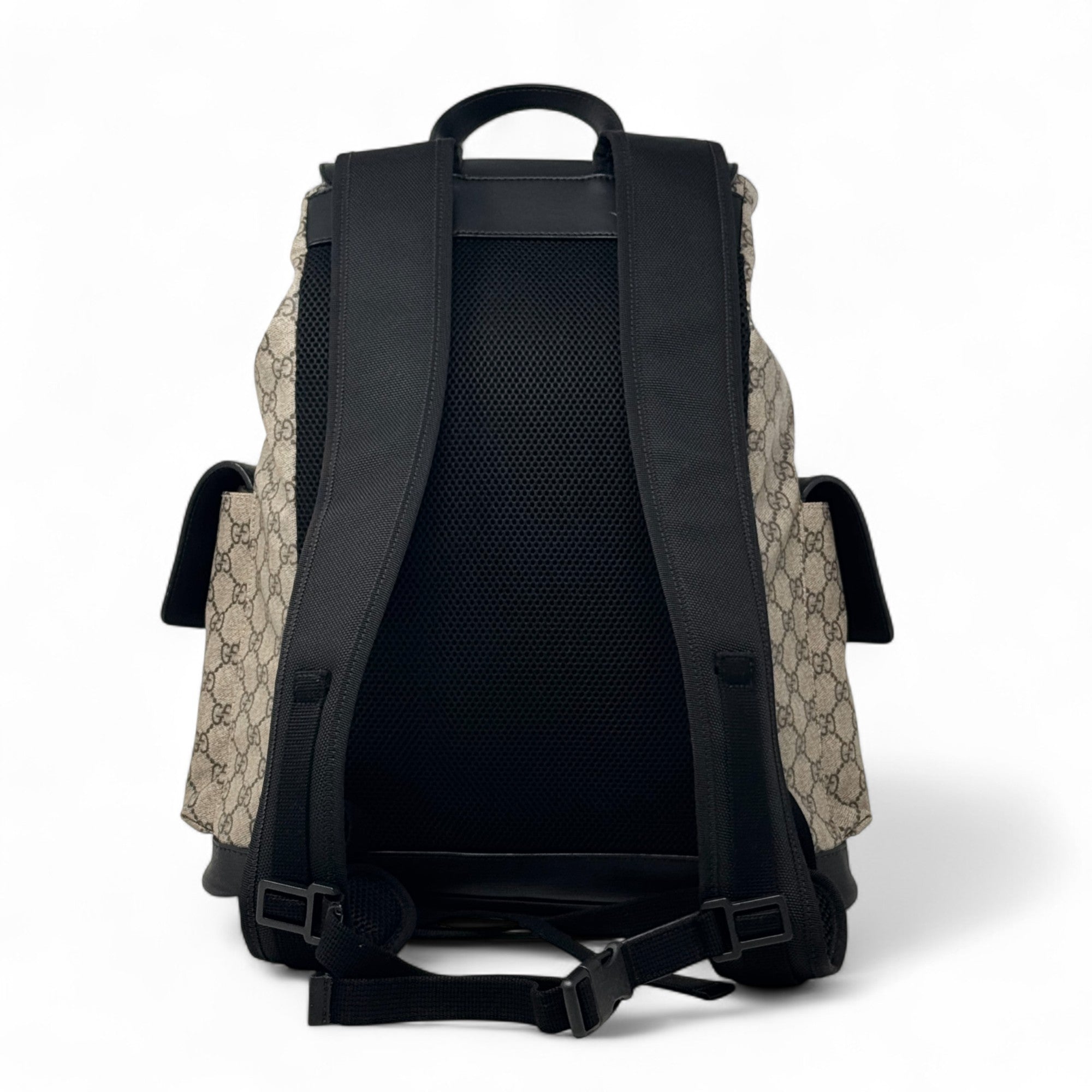 Gucci Brown GG Supreme Double Buckle Backpack