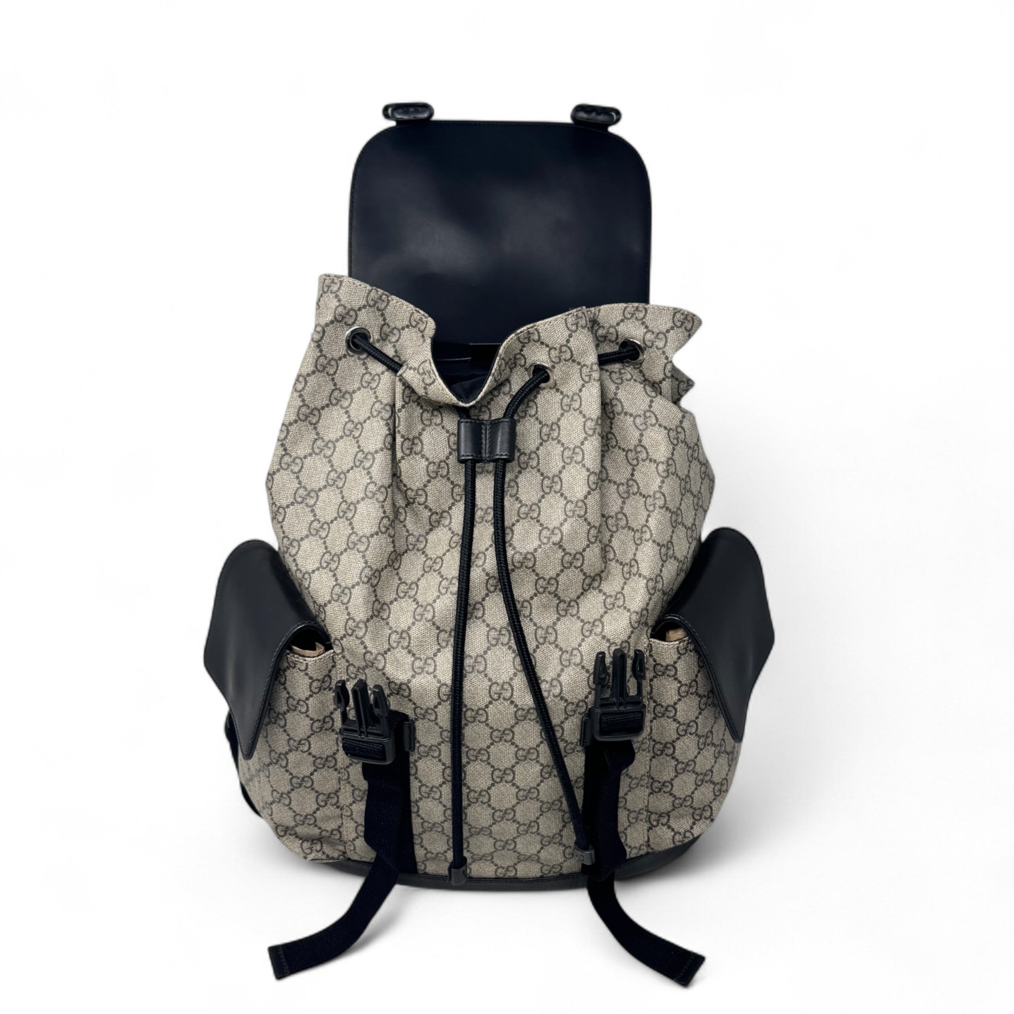 Gucci Brown GG Supreme Double Buckle Backpack