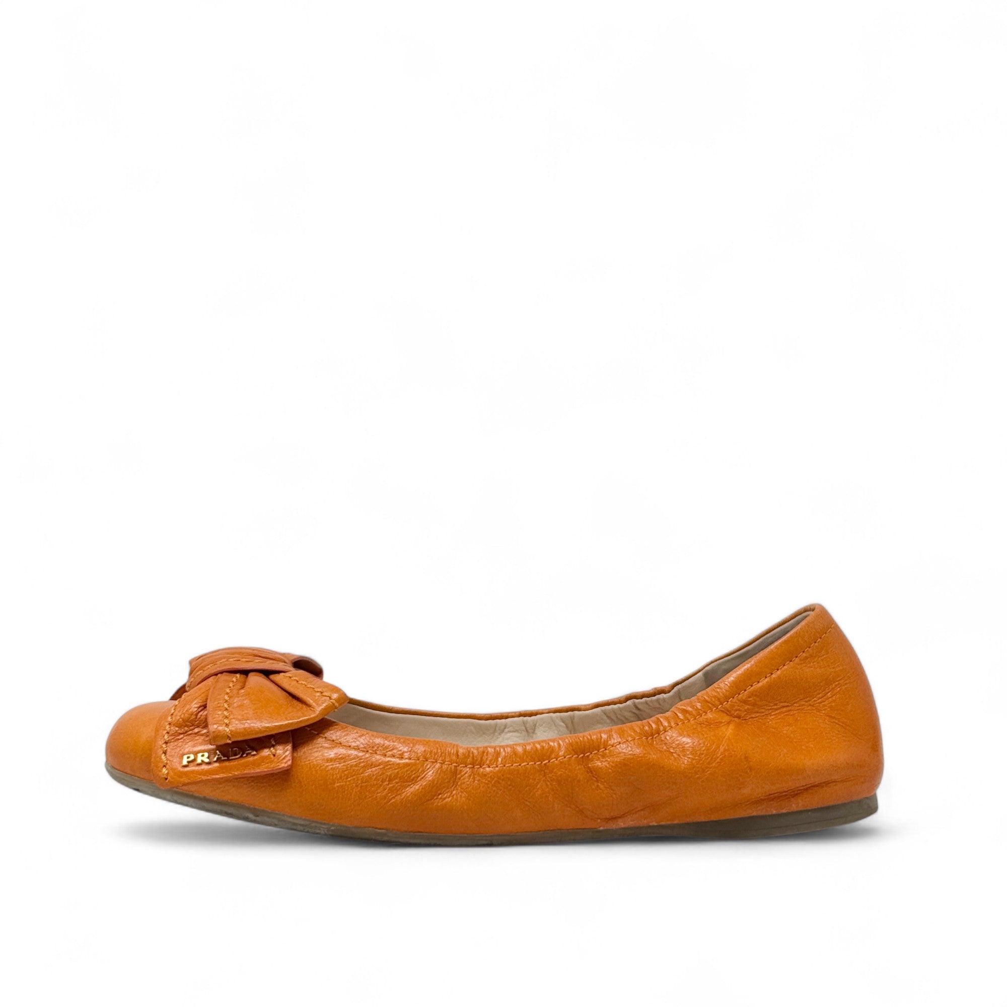 Prada Orange Bow Scrunch Ballet Flats 38