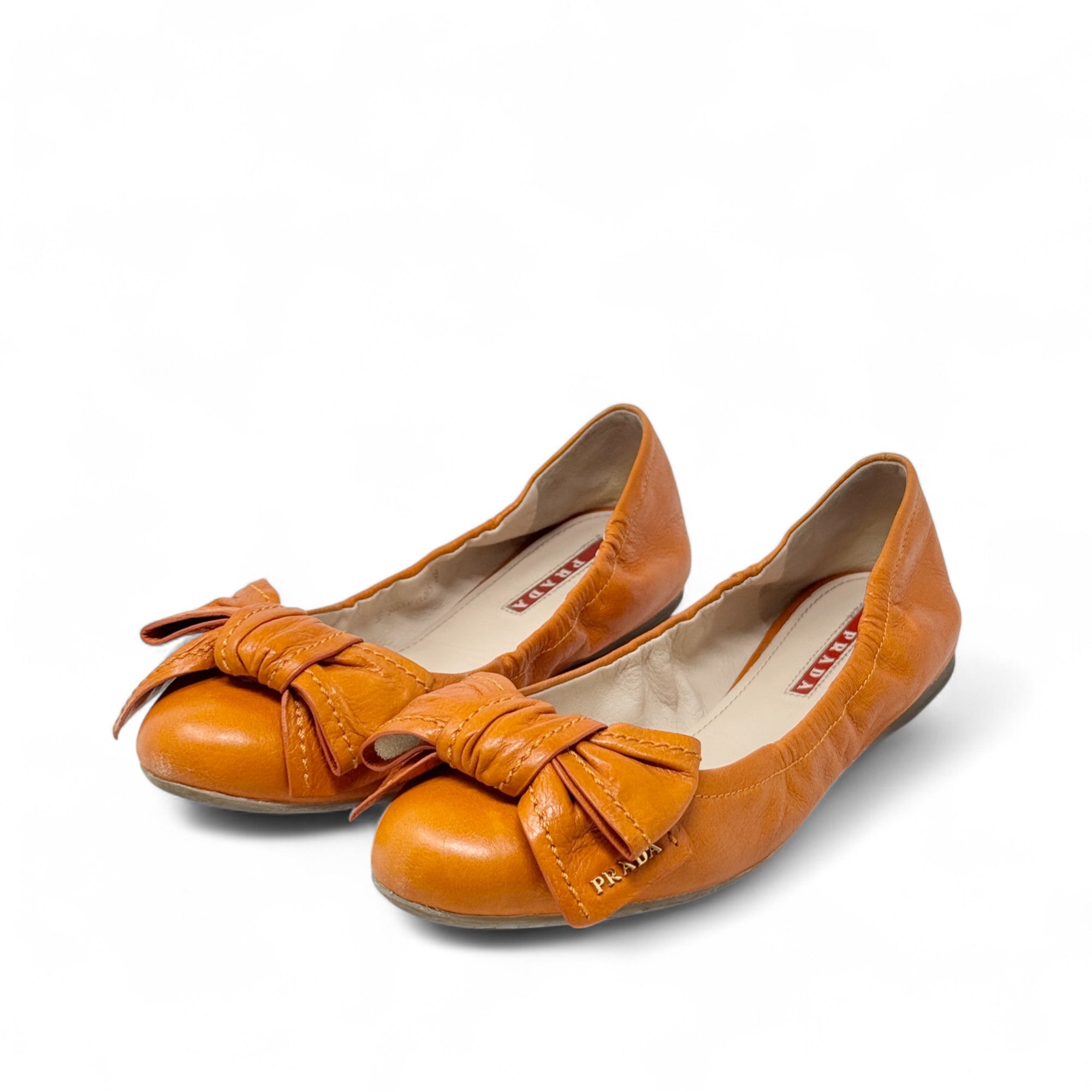 Prada Orange Bow Scrunch Ballet Flats 38