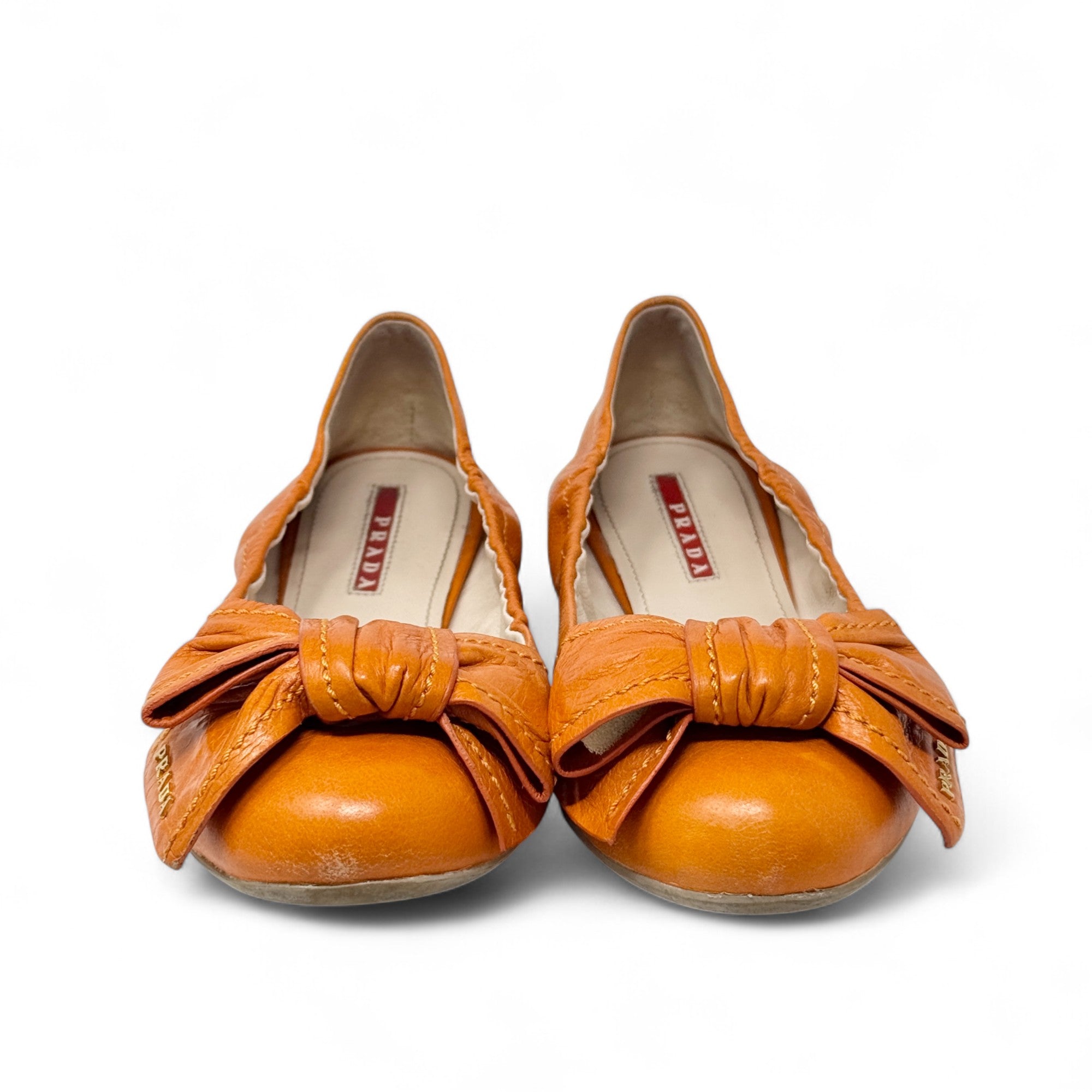 Prada Orange Bow Scrunch Ballet Flats 38