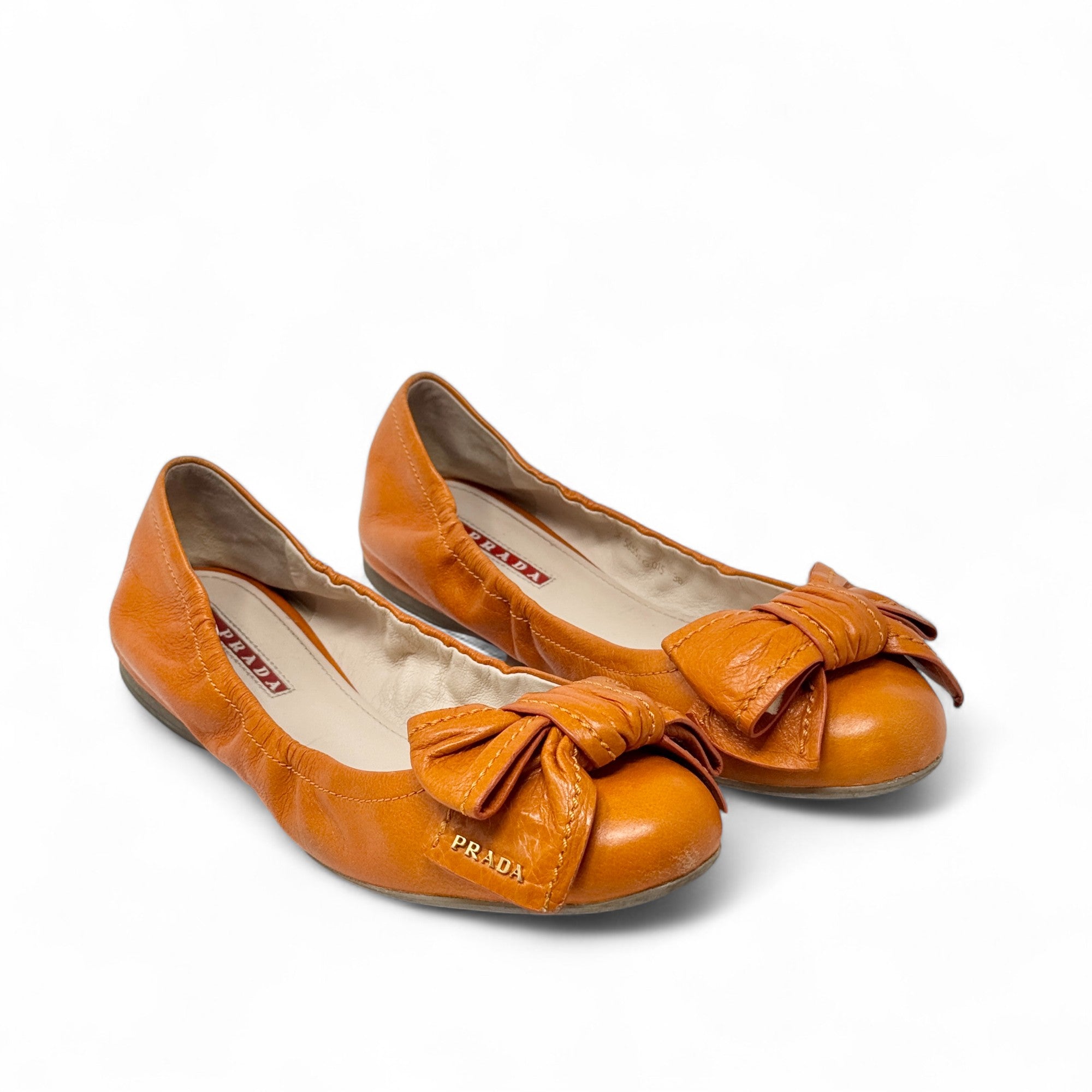 Prada Orange Bow Scrunch Ballet Flats 38