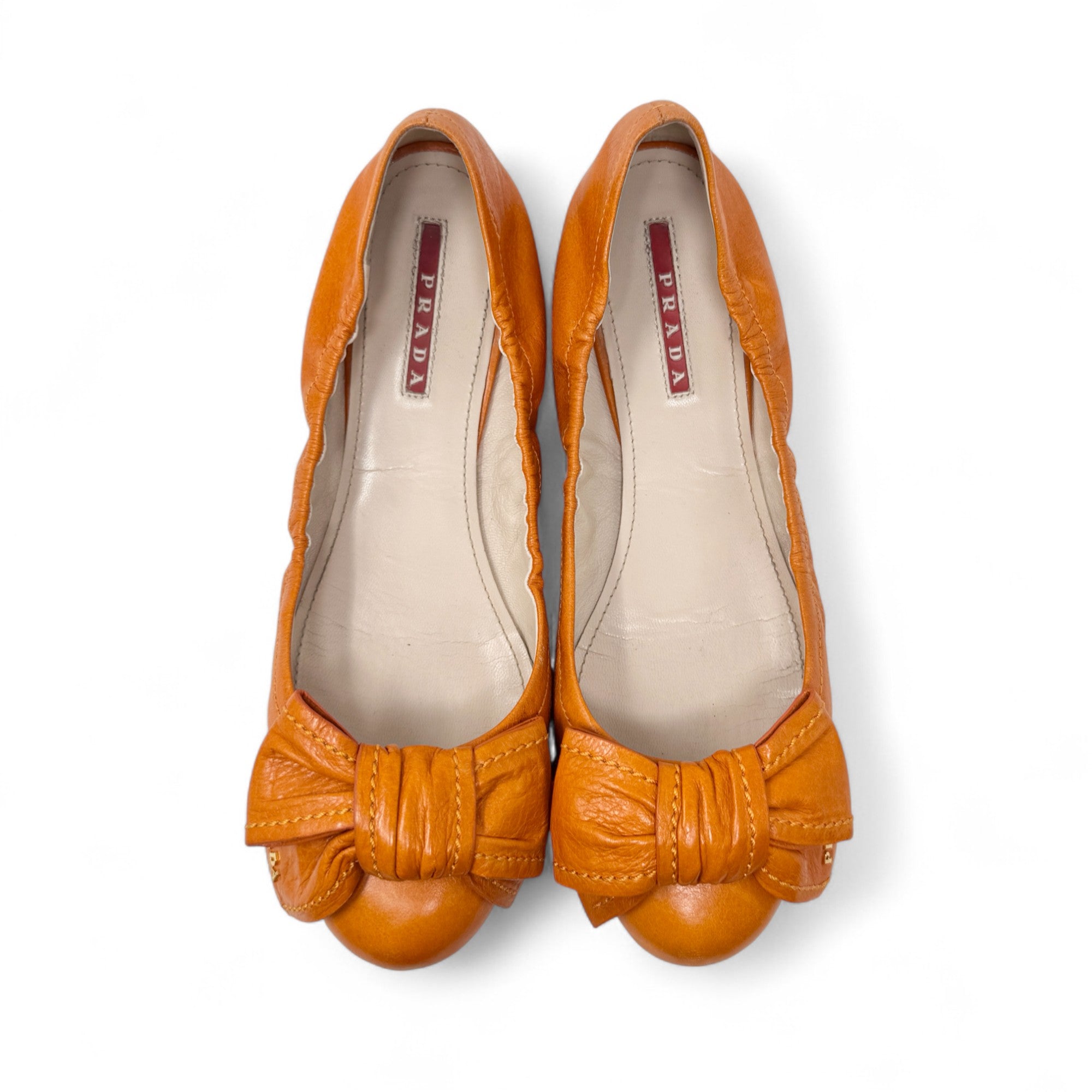 Prada Orange Bow Scrunch Ballet Flats 38