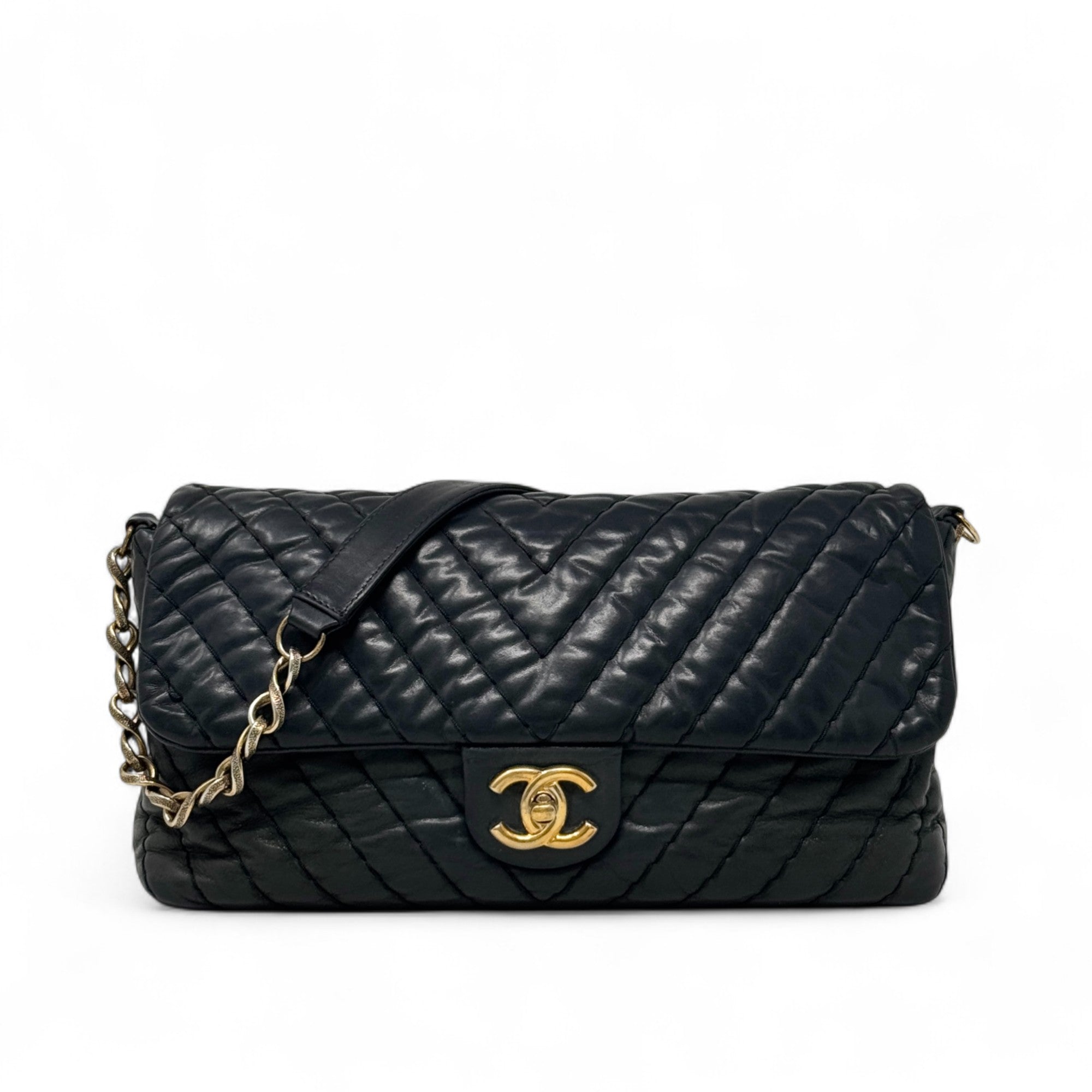 Chanel Black Chevron Large Surpique Flap