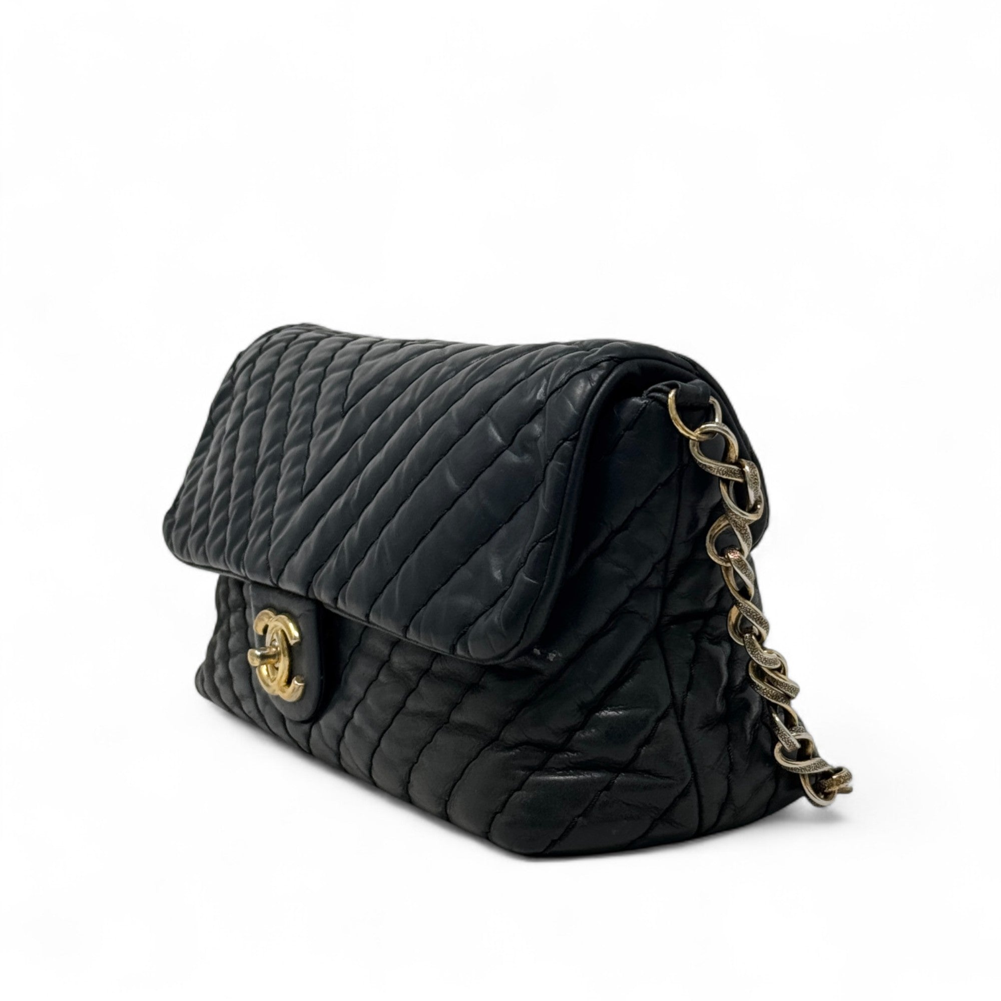 Chanel Black Chevron Large Surpique Flap