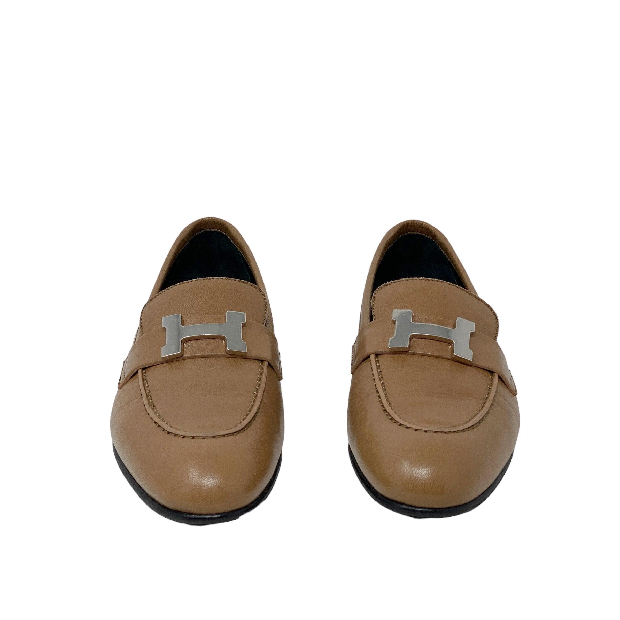 Hermes Marron Havane Chèvre Paris Loafers 35