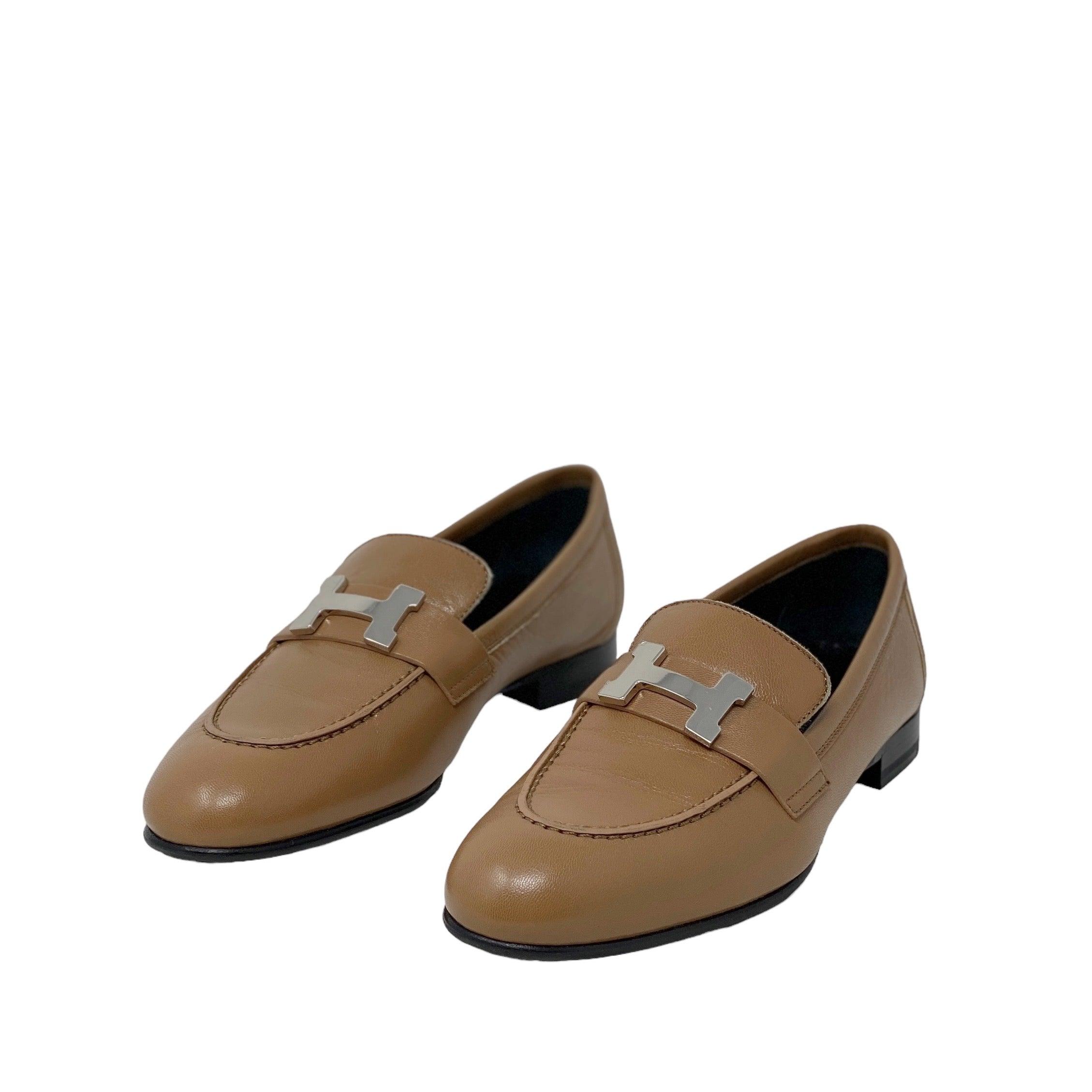Hermes Marron Havane Chèvre Paris Loafers 35