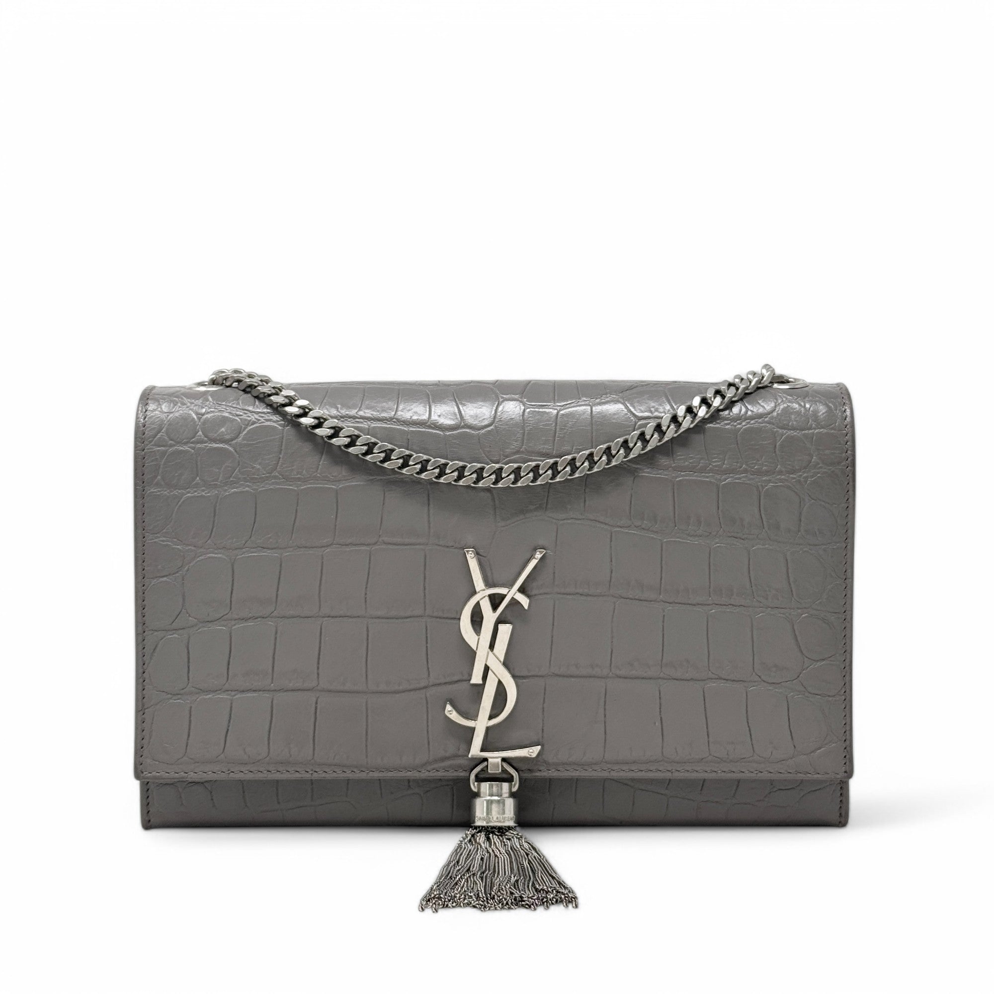 Saint Laurent Grey Croc Medium Kate Tassel Bag
