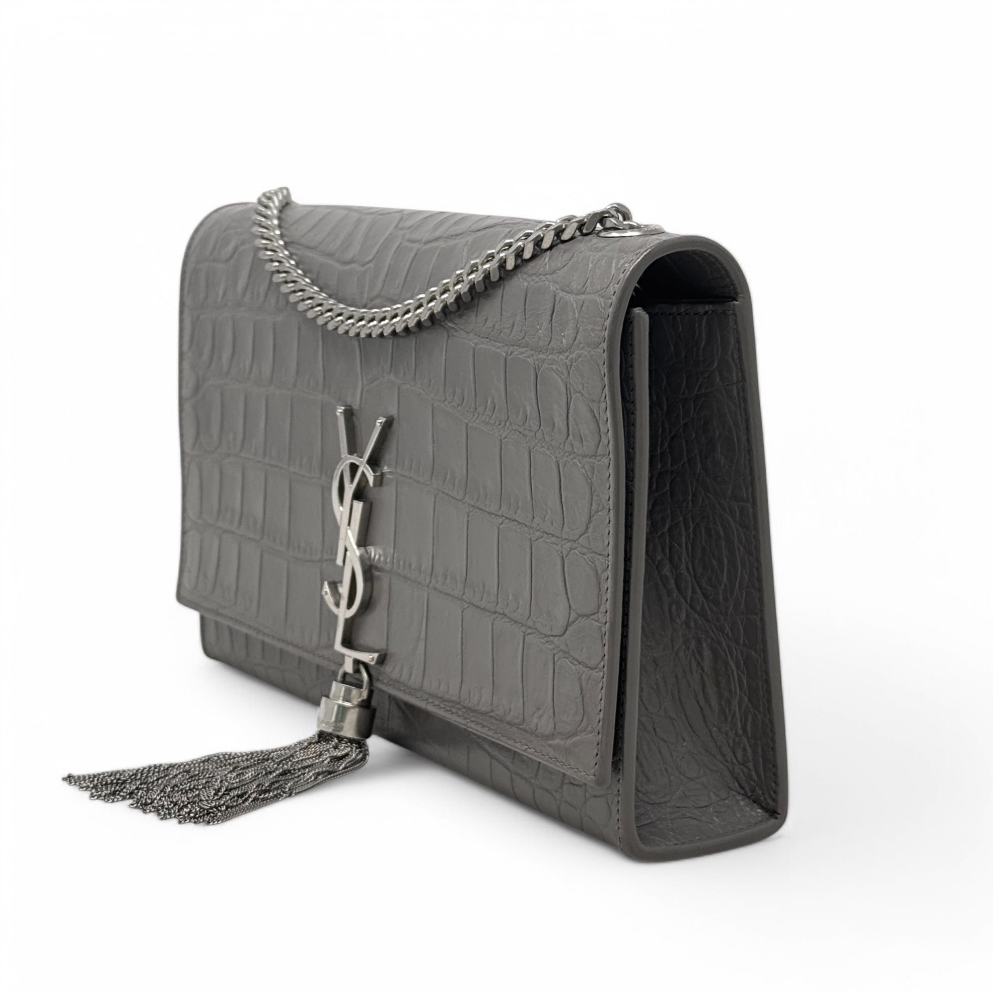 Saint Laurent Grey Croc Medium Kate Tassel Bag