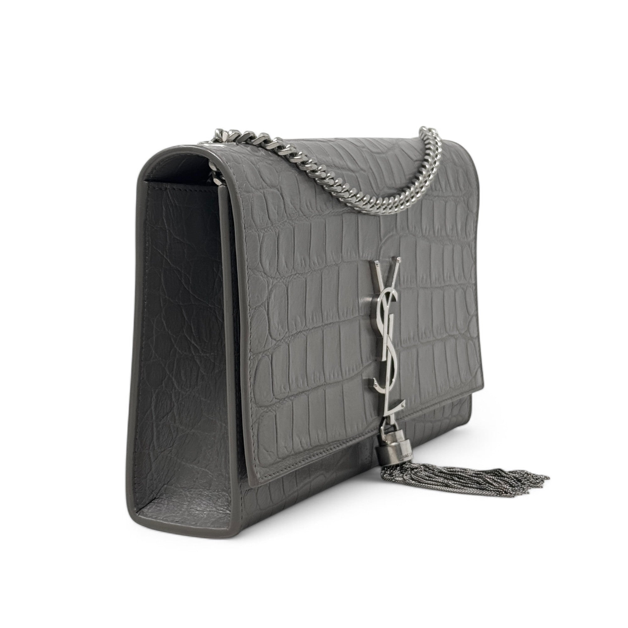 Saint Laurent Grey Croc Medium Kate Tassel Bag