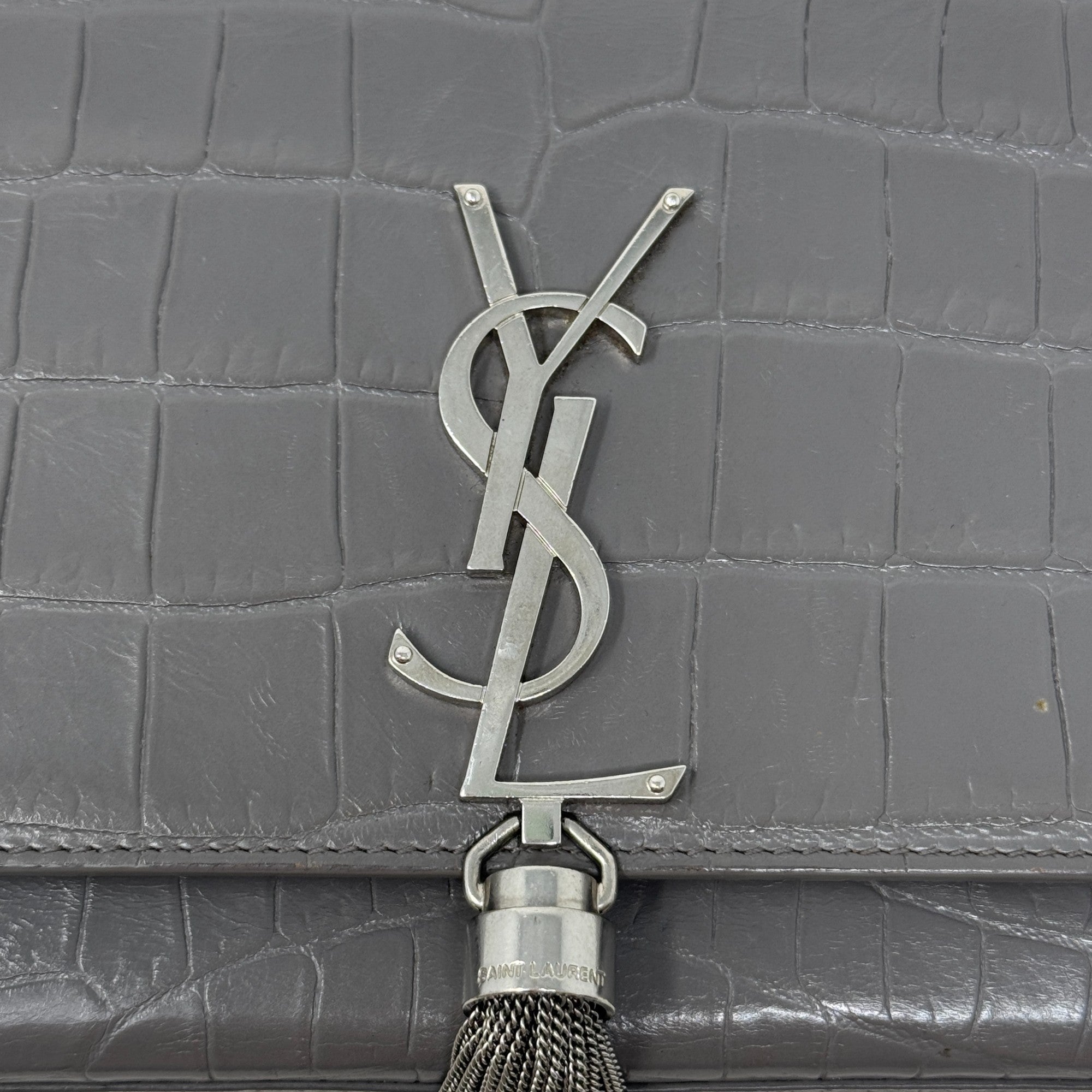 Saint Laurent Grey Croc Medium Kate Tassel Bag