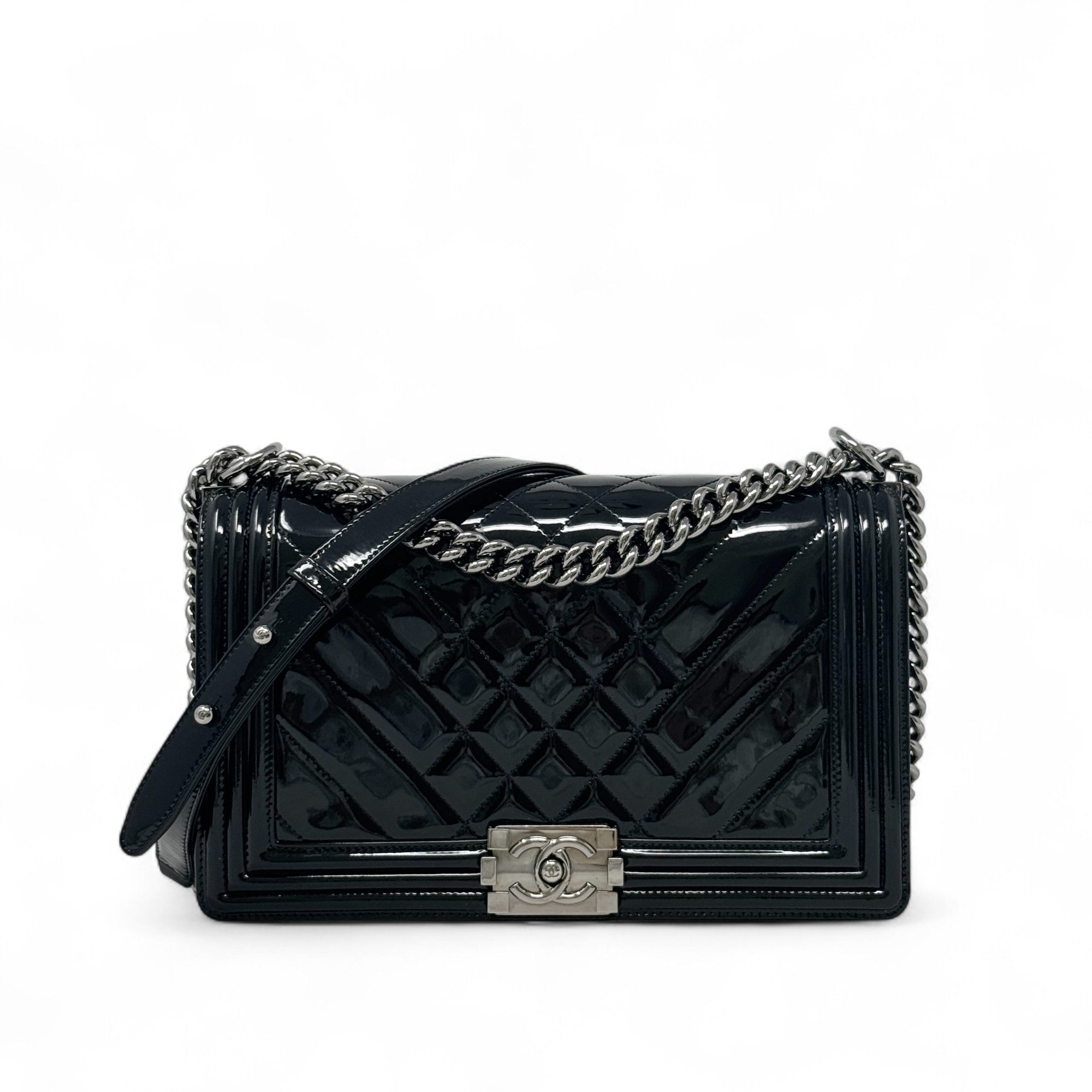Chanel Black Patent Medium Boy Bag