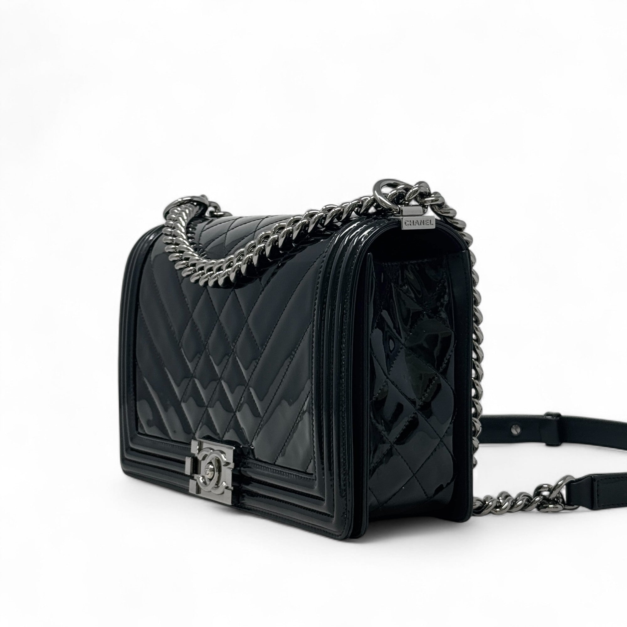 Chanel Black Patent Medium Boy Bag