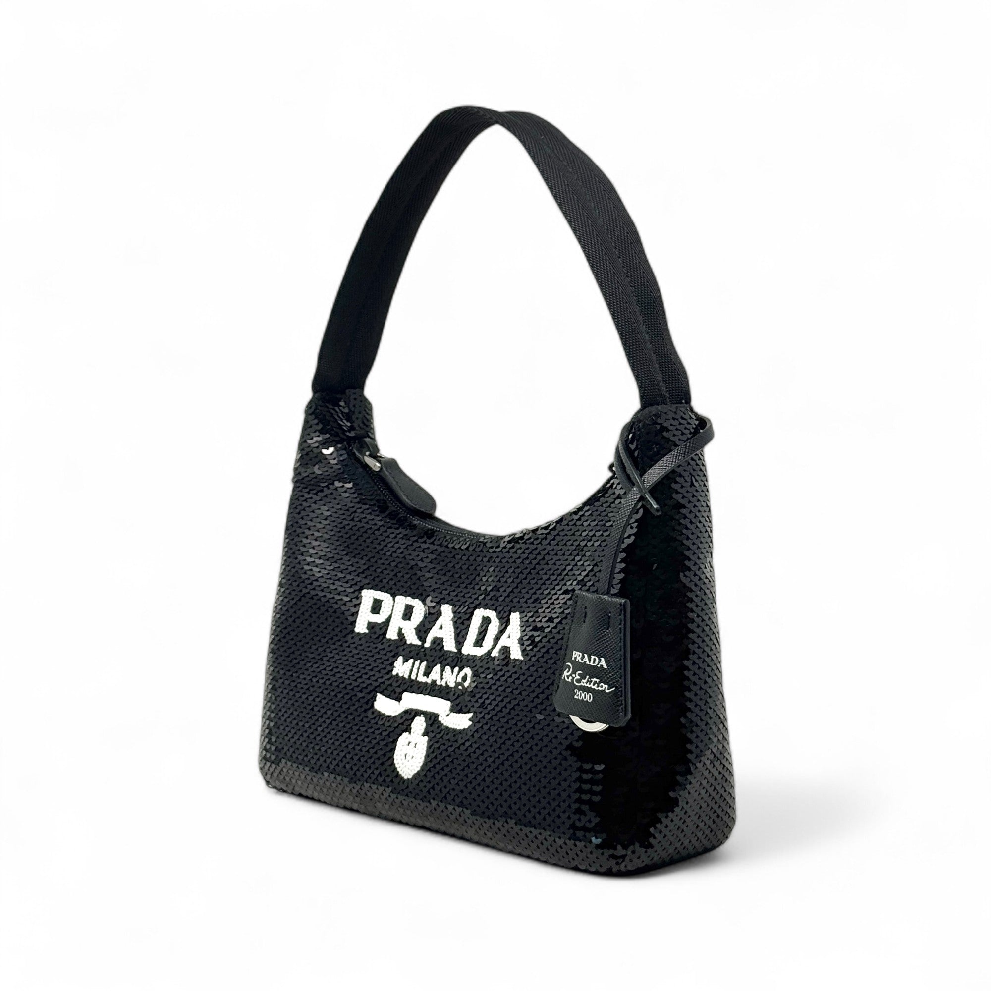 Prada Black Sequin Logo Re-Edition Mini Bag