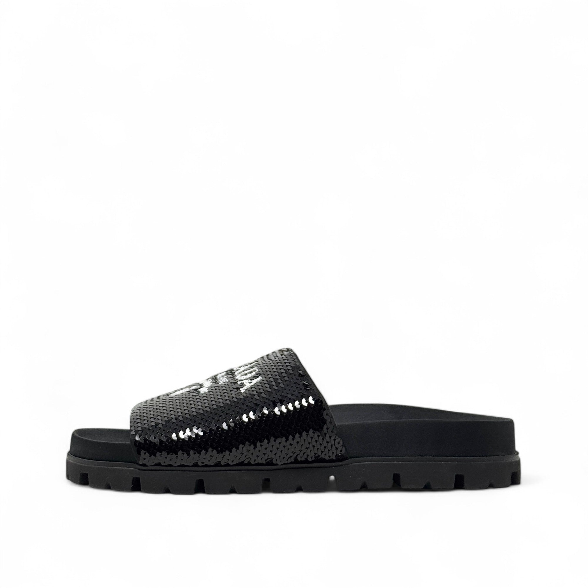 Prada Black Sequin Logo Slides 36.5