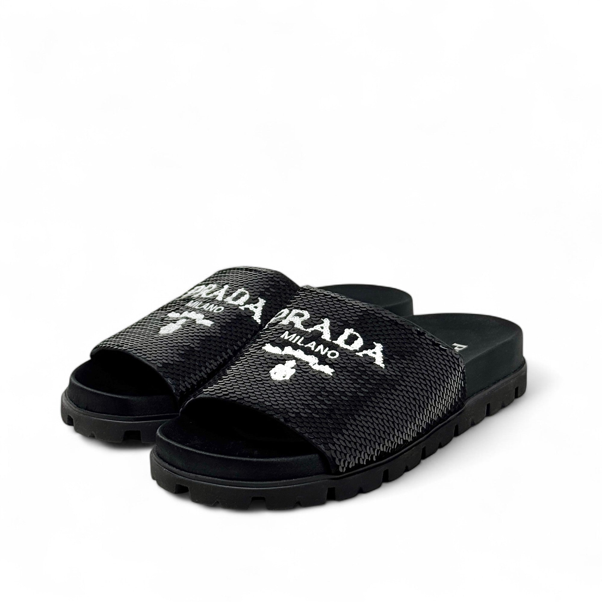 Prada Black Sequin Logo Slides 36.5