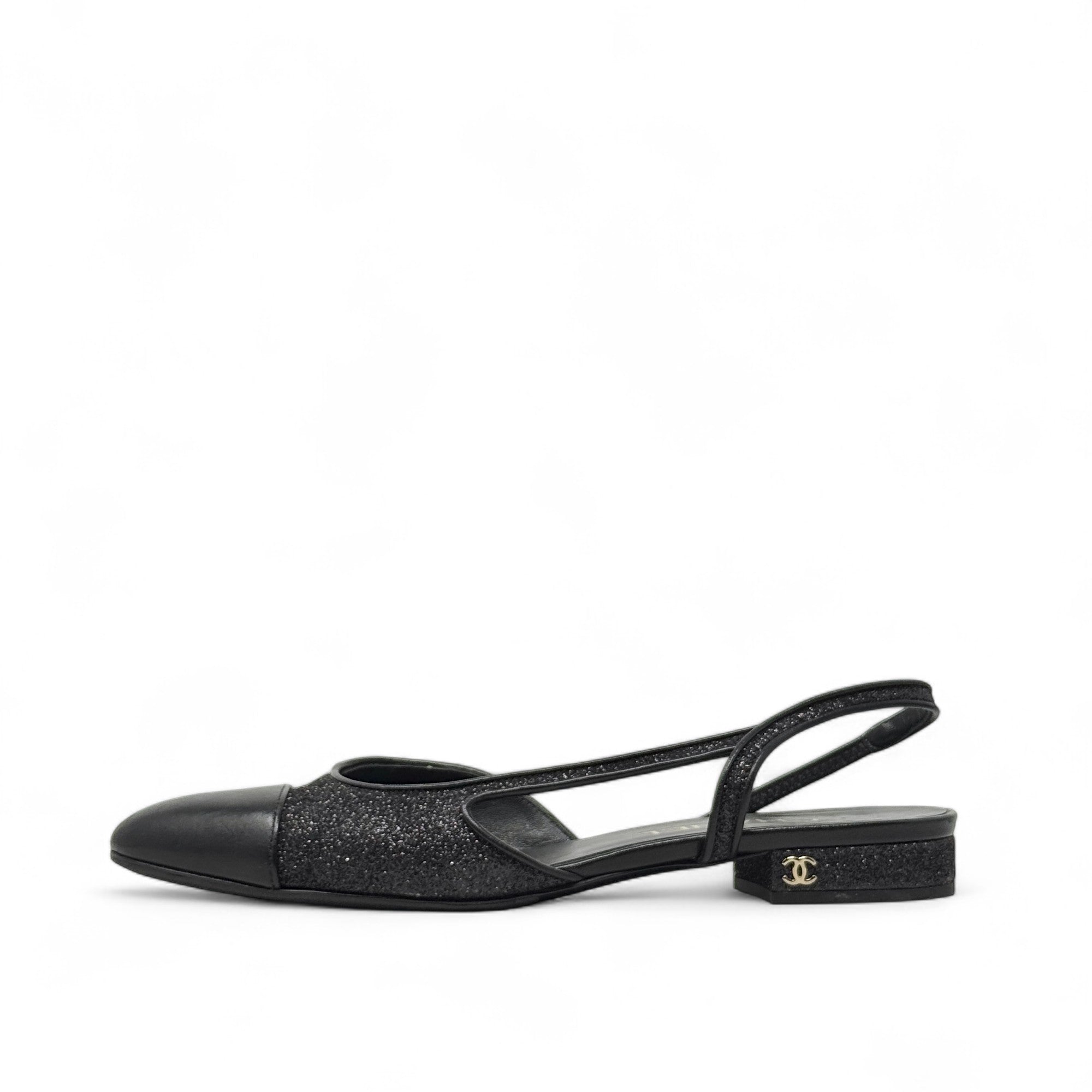 Chanel Black Glitter Slingback Flats 37.5