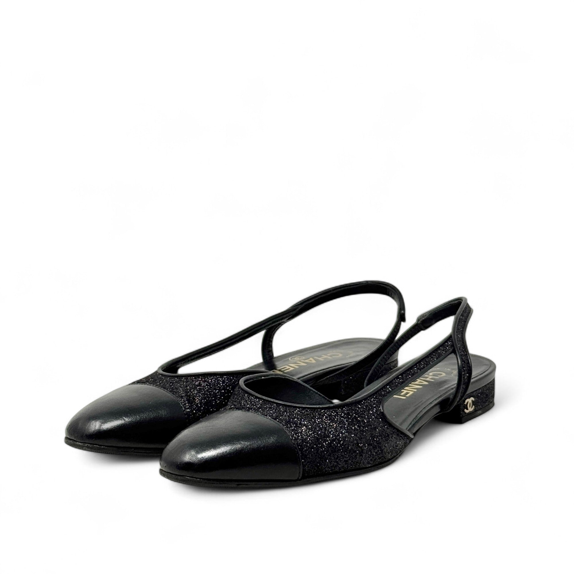 Chanel Black Glitter Slingback Flats 37.5