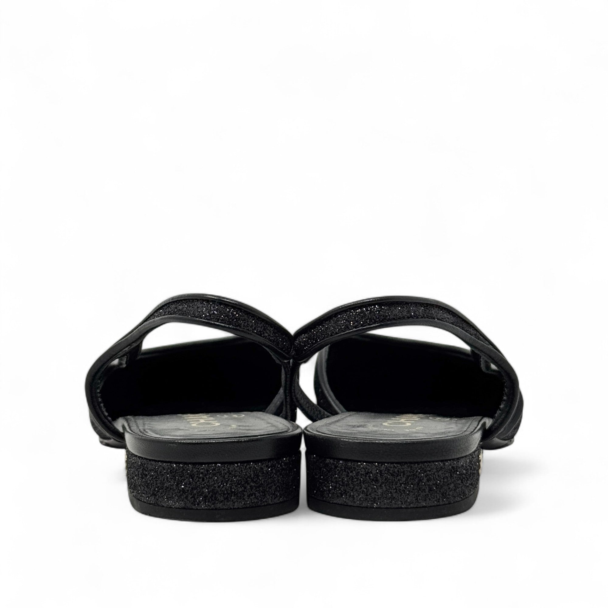 Chanel Black Glitter Slingback Flats 37.5
