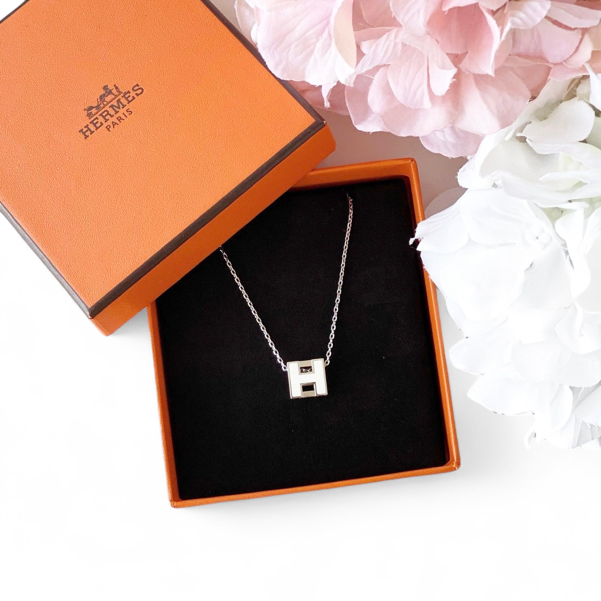 Hermes White Enamel H Cube Necklace