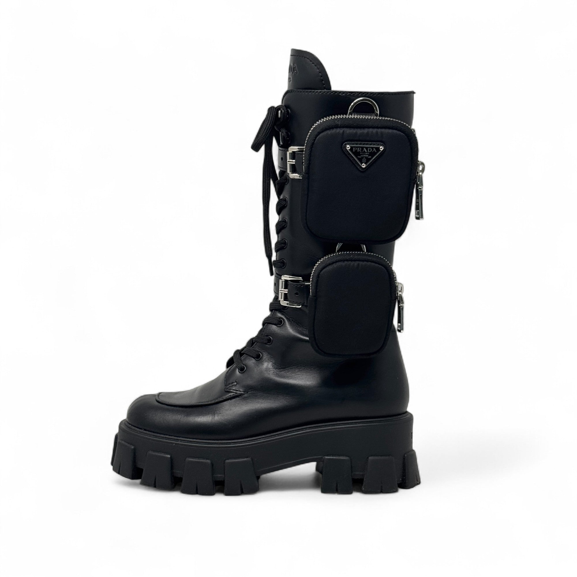 Prada Black Brushed Tall Monolith Combat Boots 37