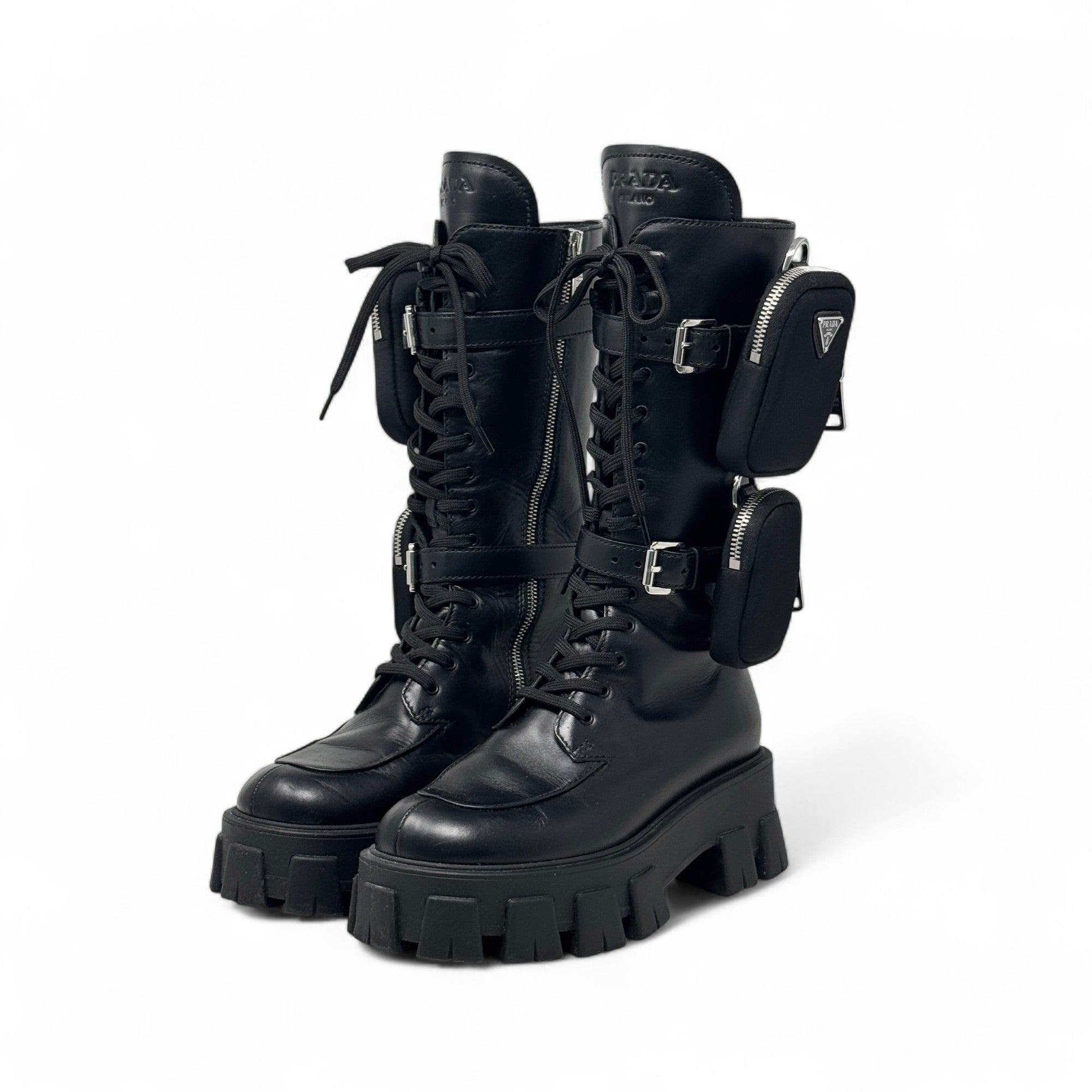 Prada Black Brushed Tall Monolith Combat Boots 37