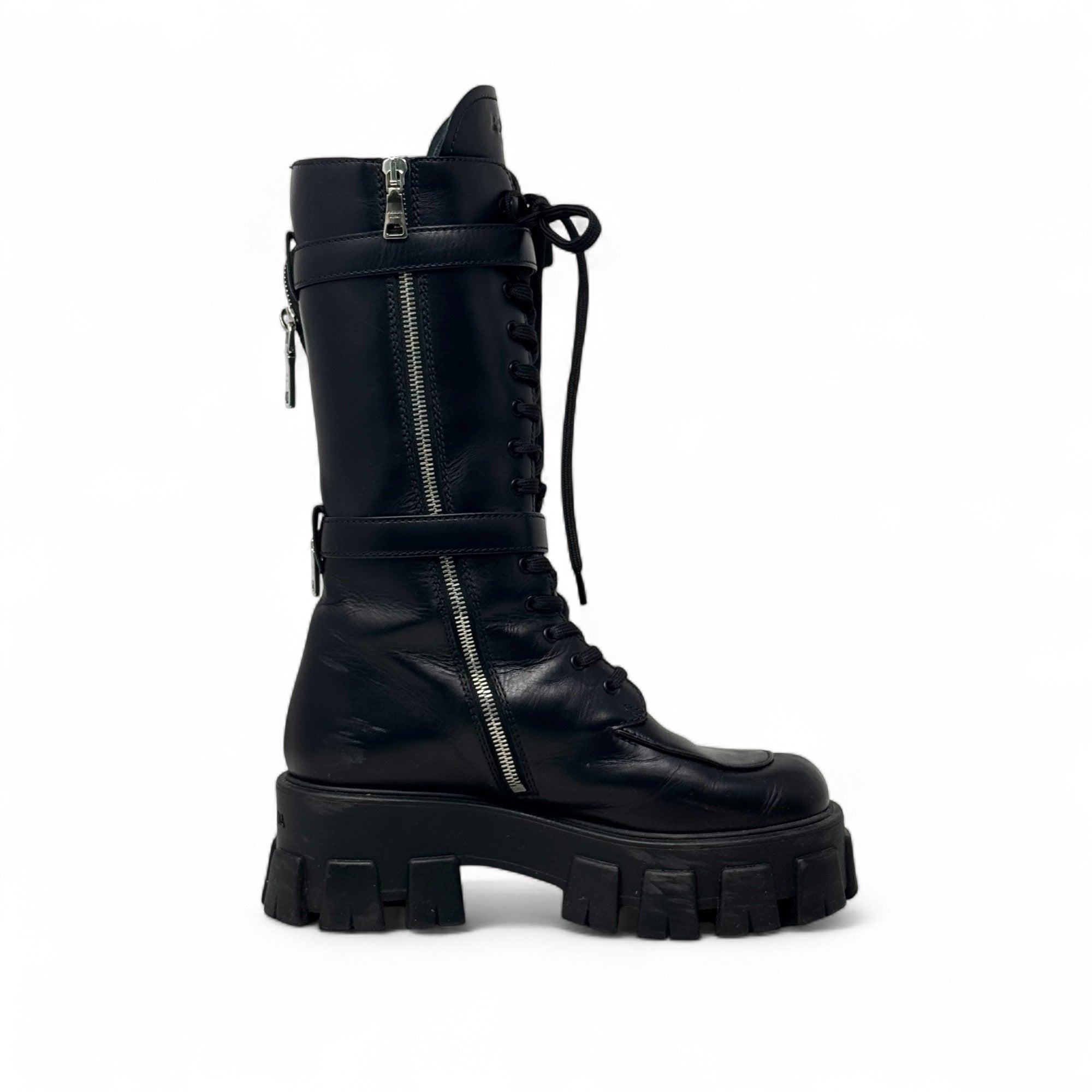 Prada Black Brushed Tall Monolith Combat Boots 37