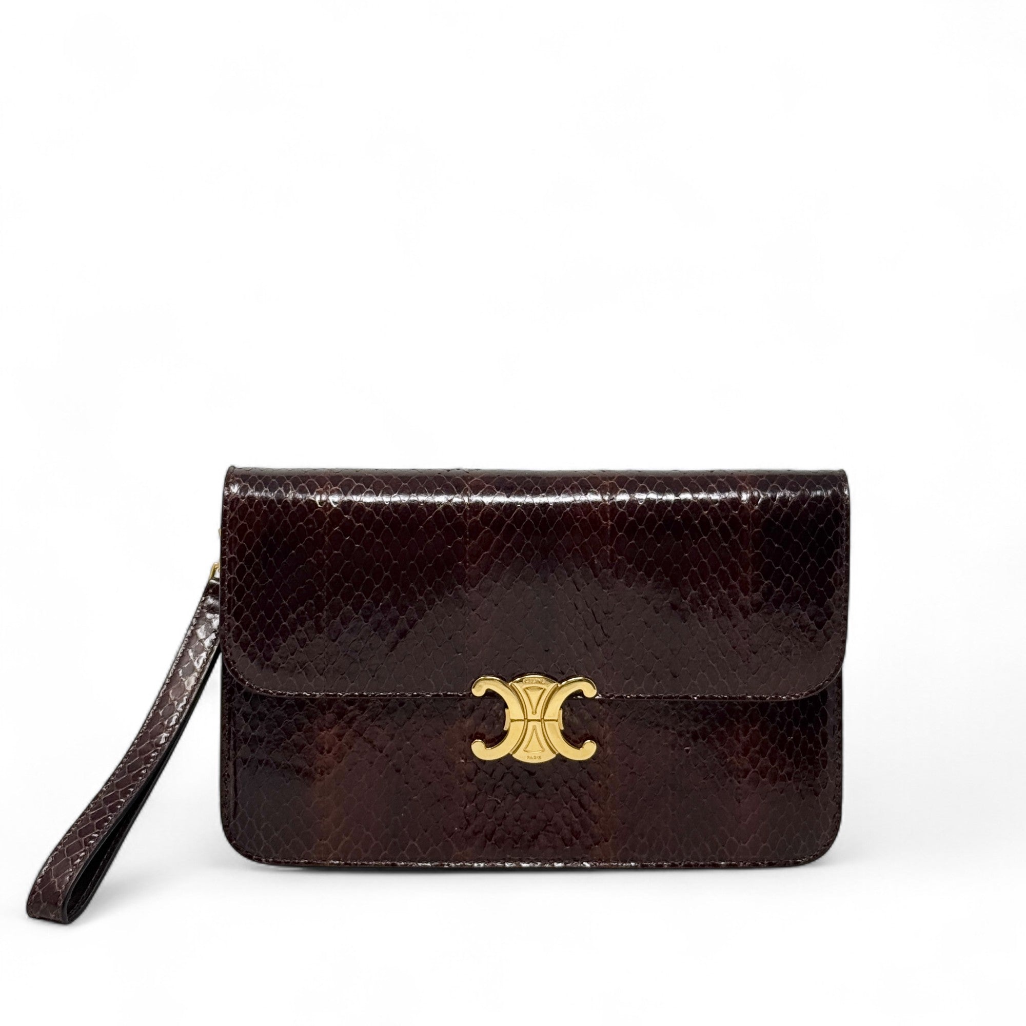 Celine Brown Snakeskin Triomphe Clutch