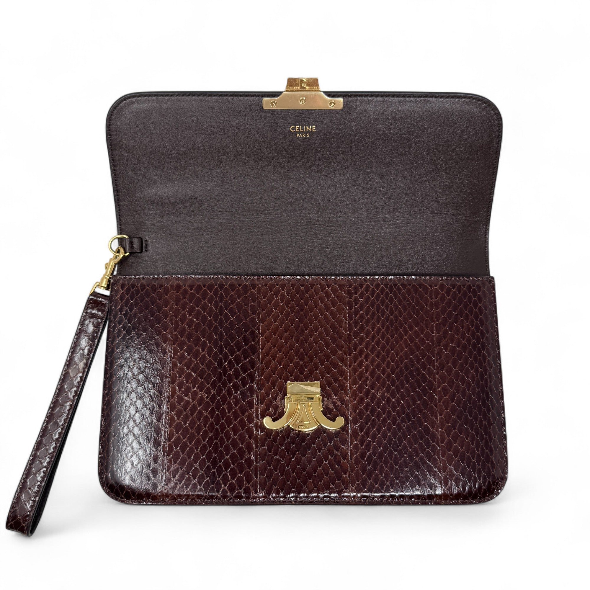 Celine Brown Snakeskin Triomphe Clutch