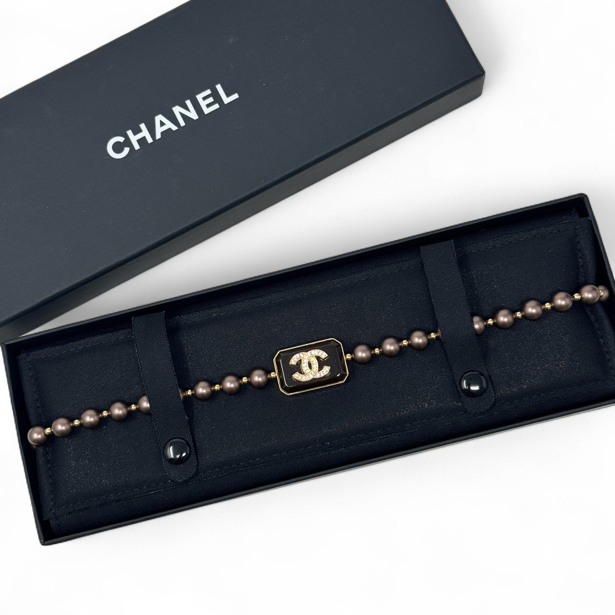 Chanel Brown Pearl Crystal CC Choker