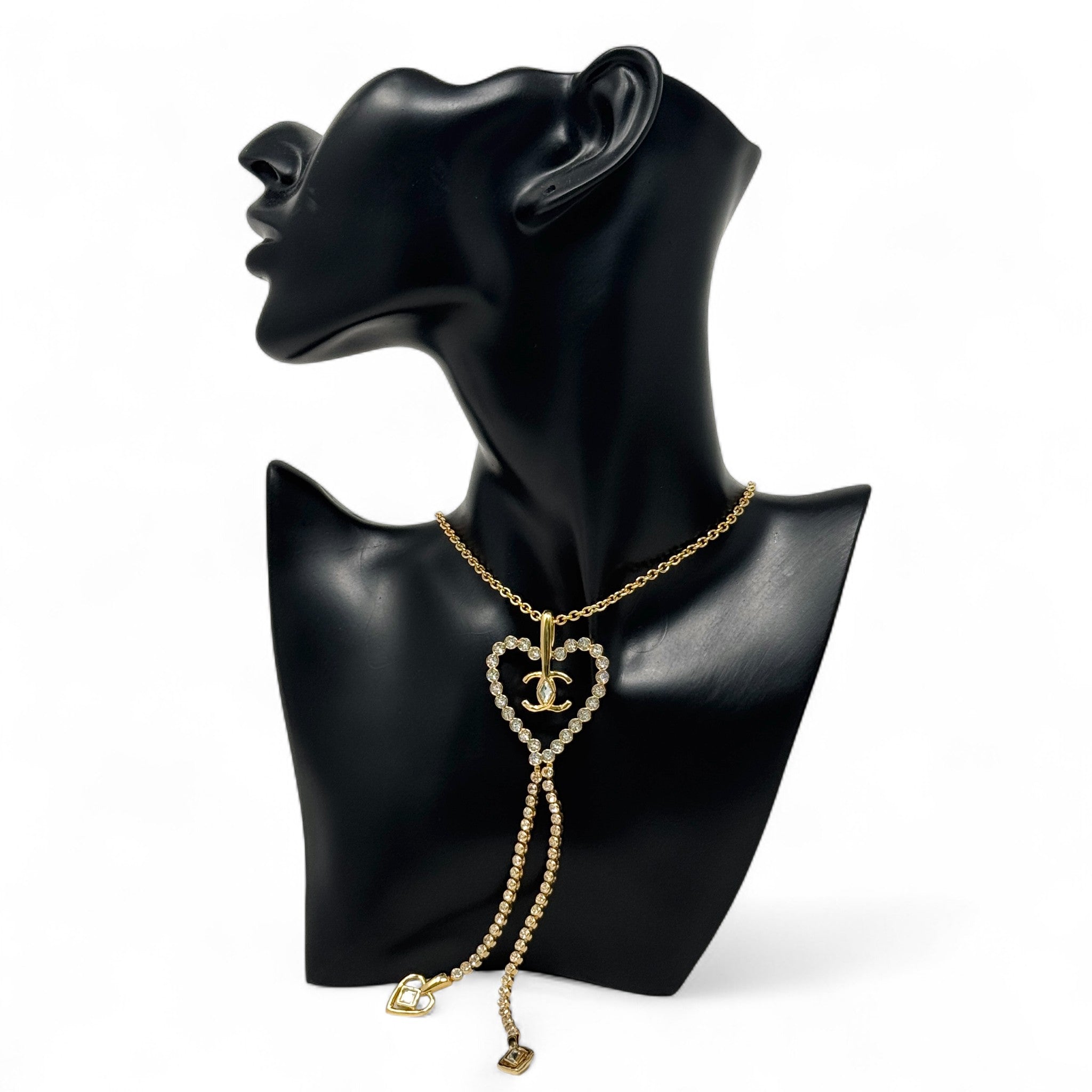 Chanel Gold Crystal CC Heart Dangle Necklace