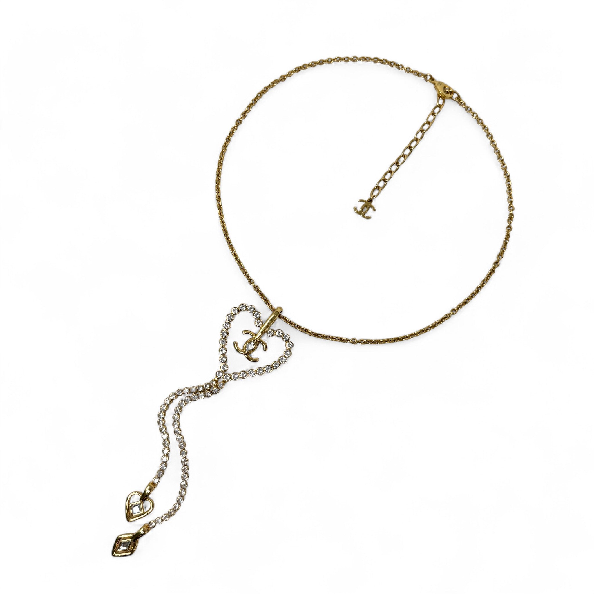 Chanel Gold Crystal CC Heart Dangle Necklace