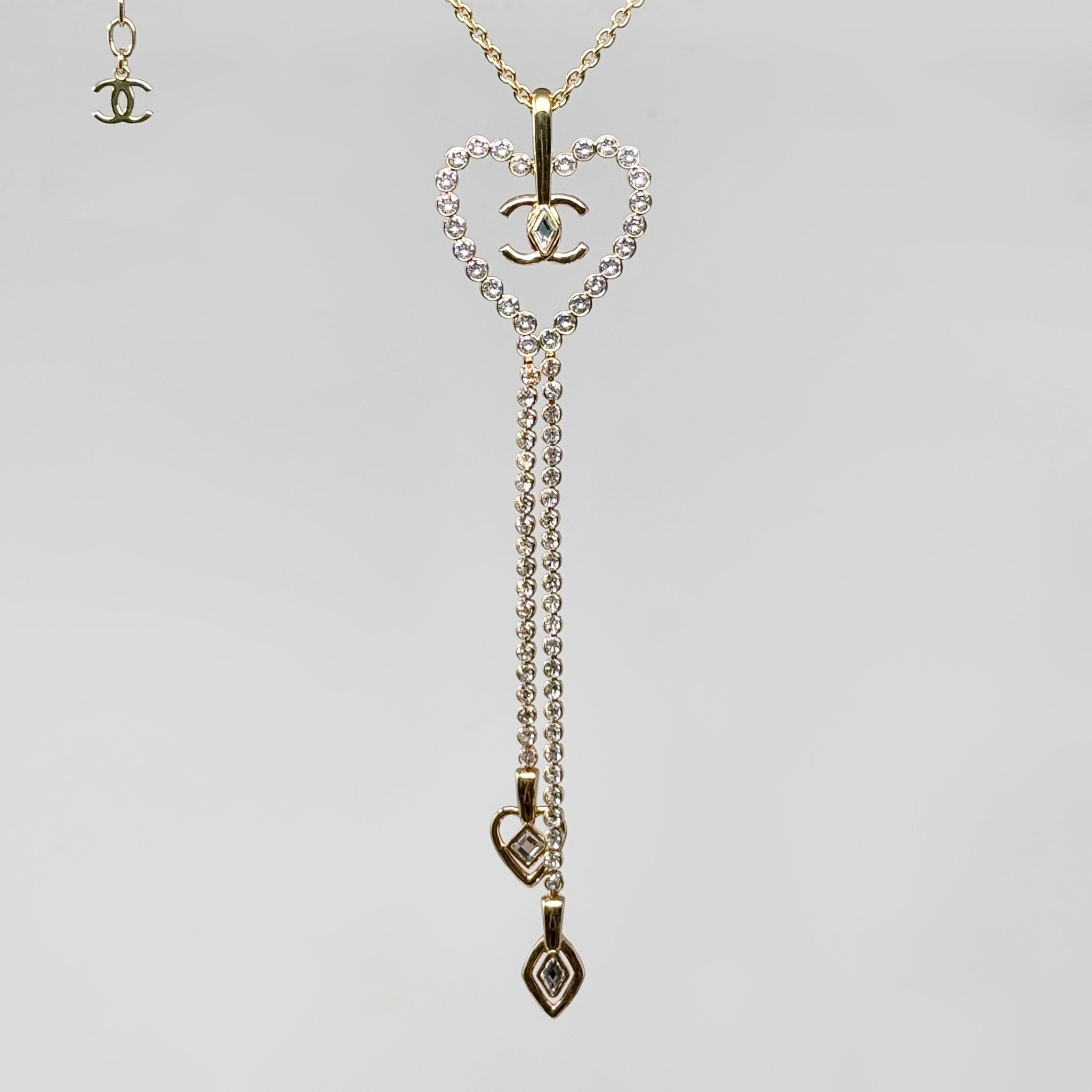 Chanel Gold Crystal CC Heart Dangle Necklace