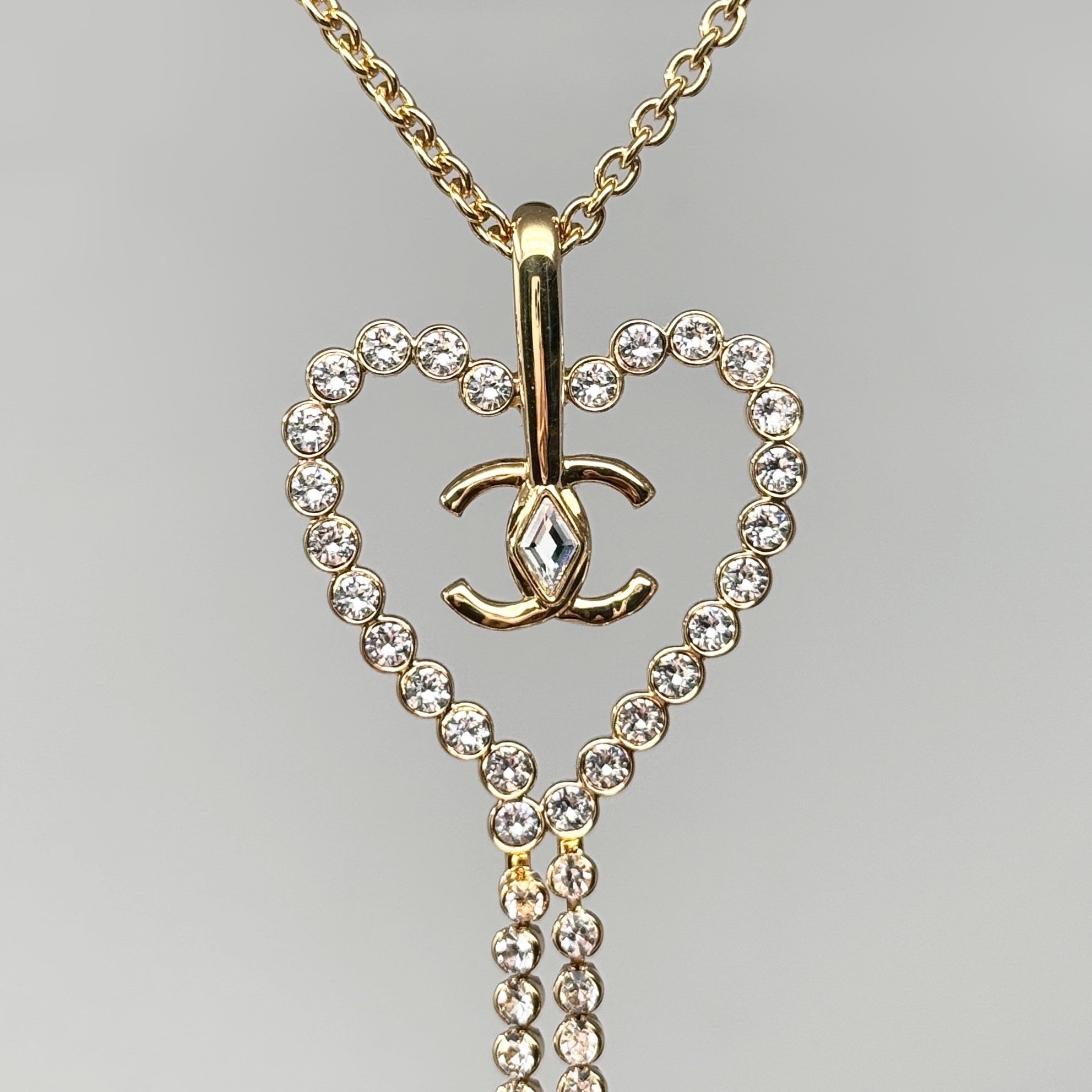 Chanel Gold Crystal CC Heart Dangle Necklace