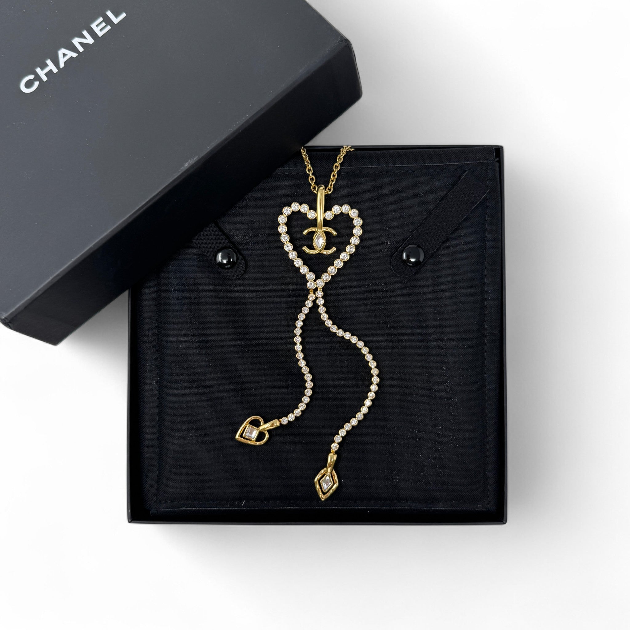 Chanel Gold Crystal CC Heart Dangle Necklace