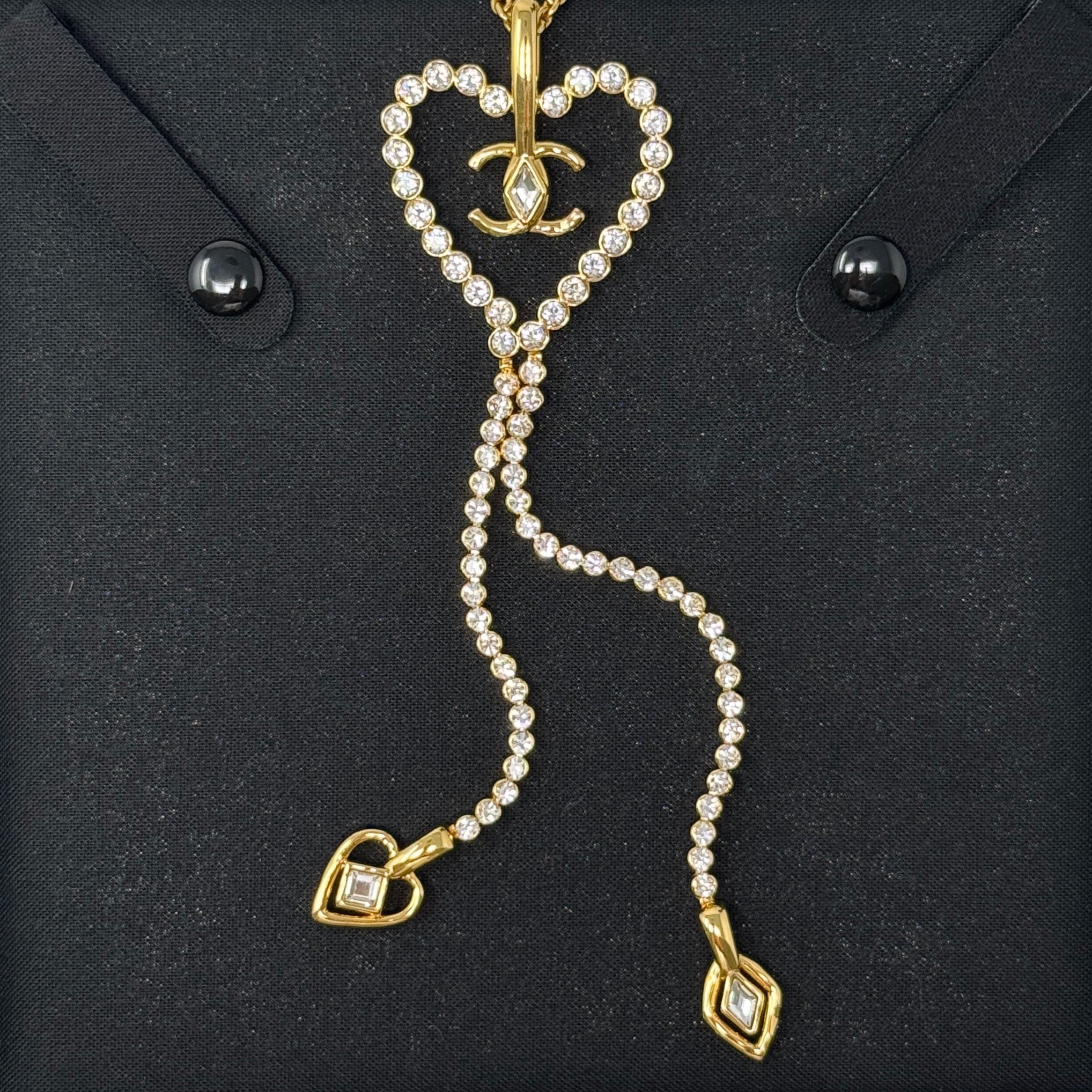 Chanel Gold Crystal CC Heart Dangle Necklace