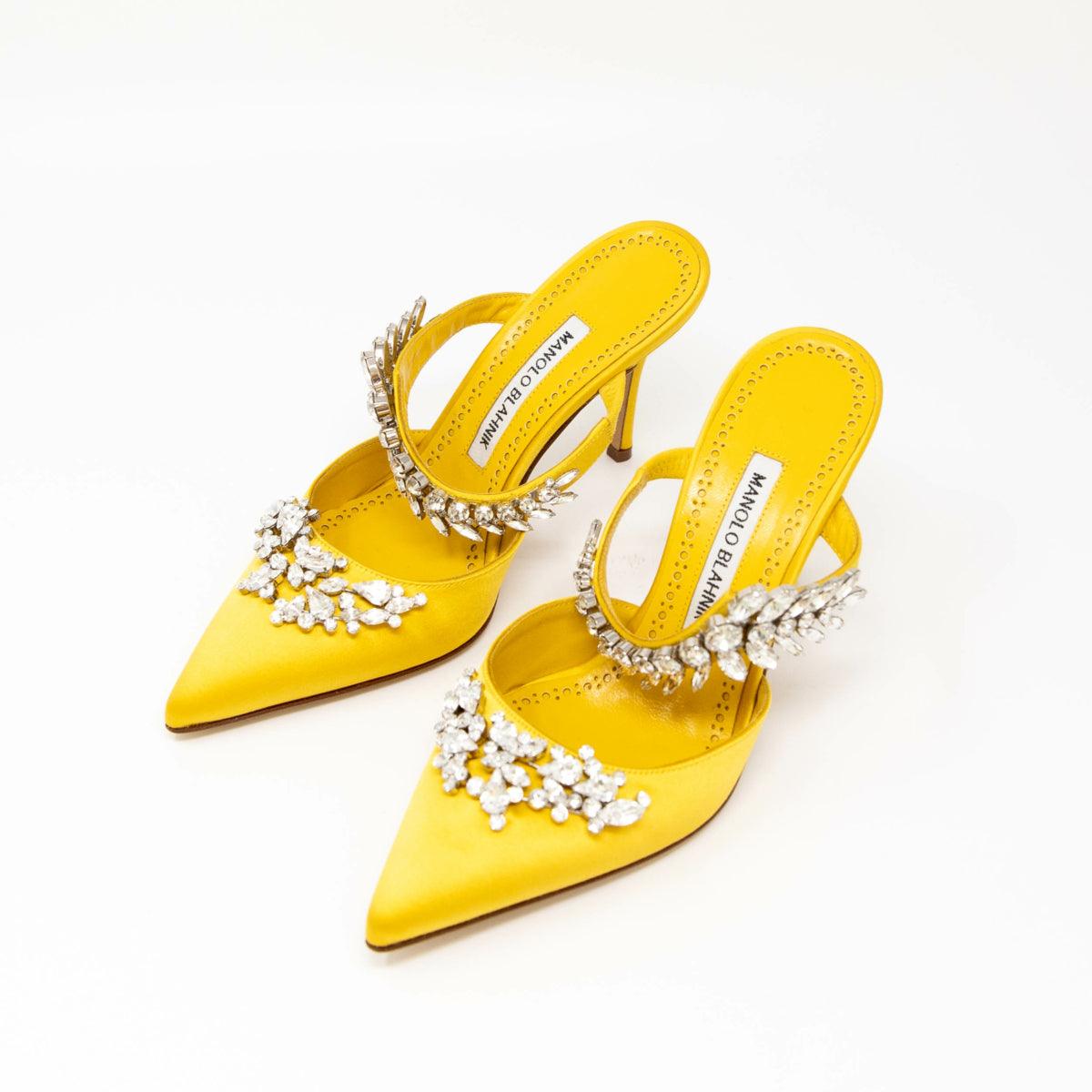 Manolo Blahnik Yellow Satin Lurum Pumps 36.5