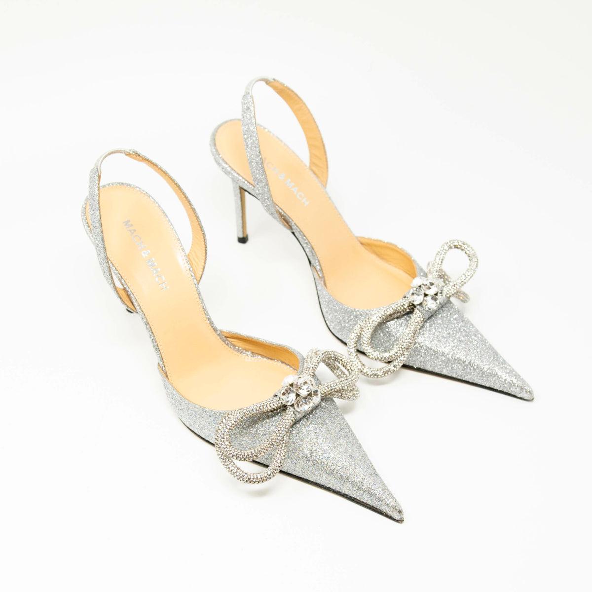 Mach & Mach Silver Glitter Double Bow Slingbacks 37