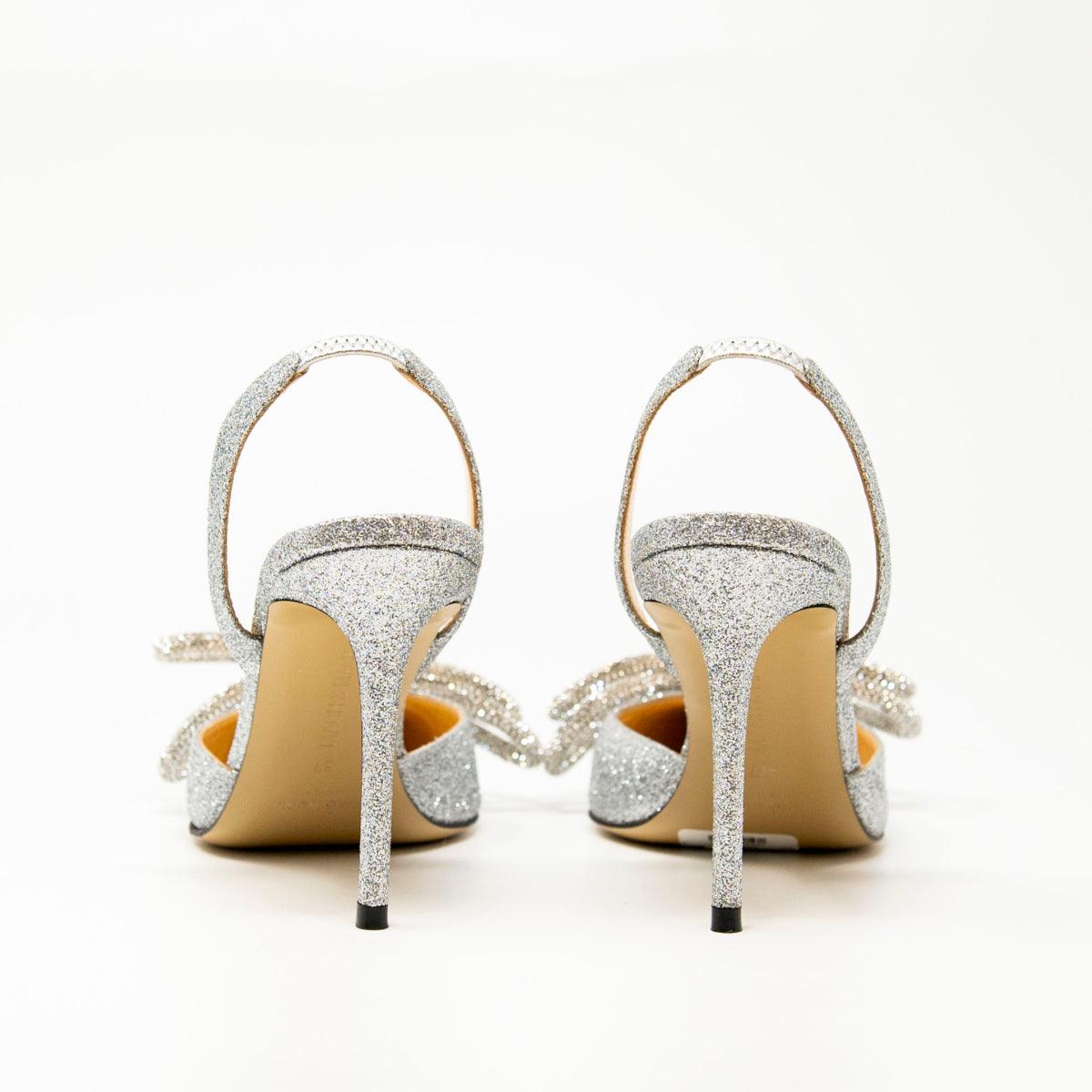 Mach & Mach Silver Glitter Double Bow Slingbacks 37
