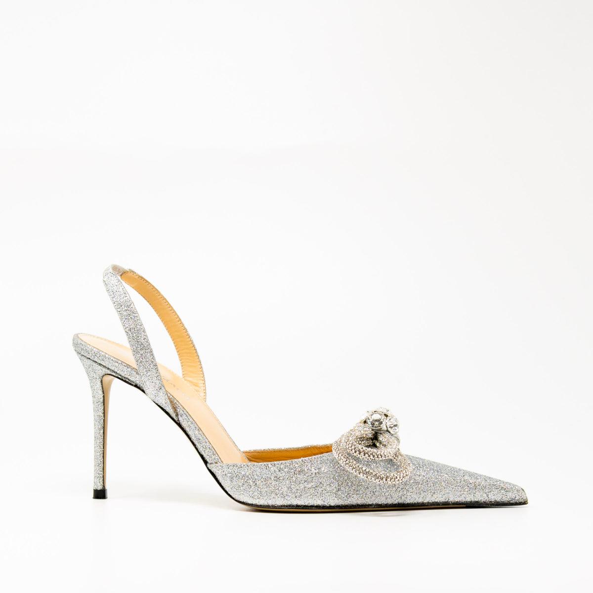 Mach & Mach Silver Glitter Double Bow Slingbacks 37