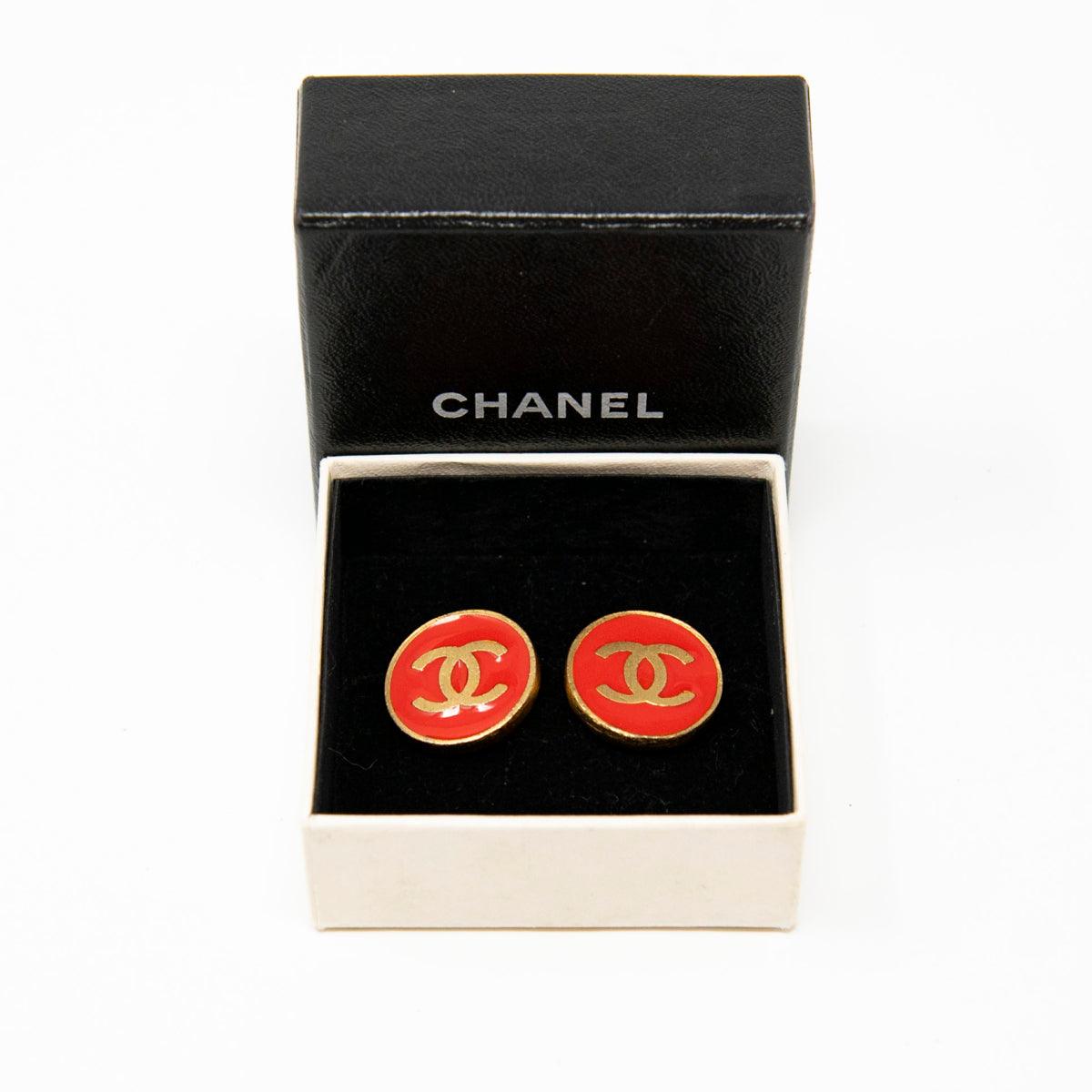 Chanel Vintage Red Button Clip On Earrings