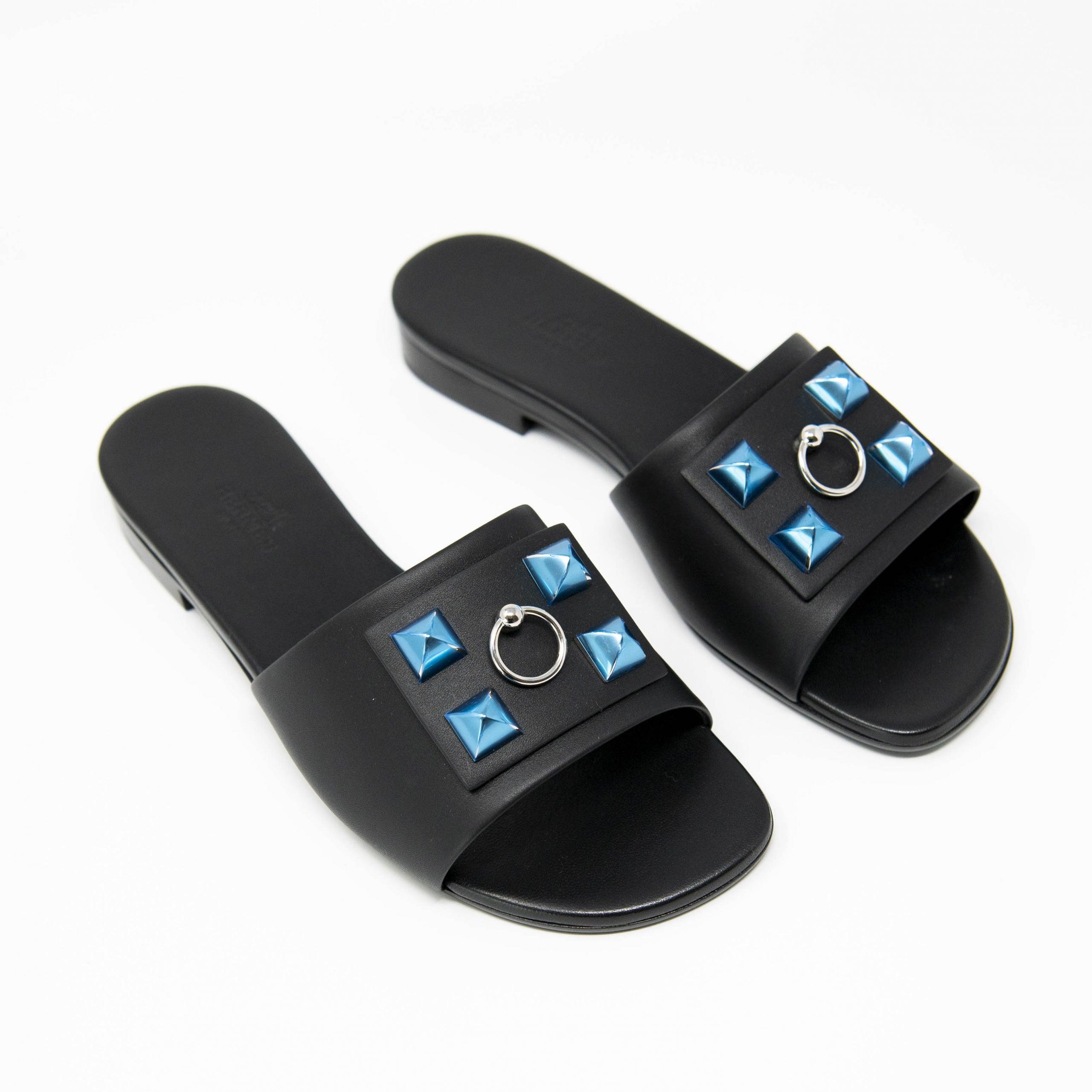 Hermes Black Calfskin Dune Sandals 36